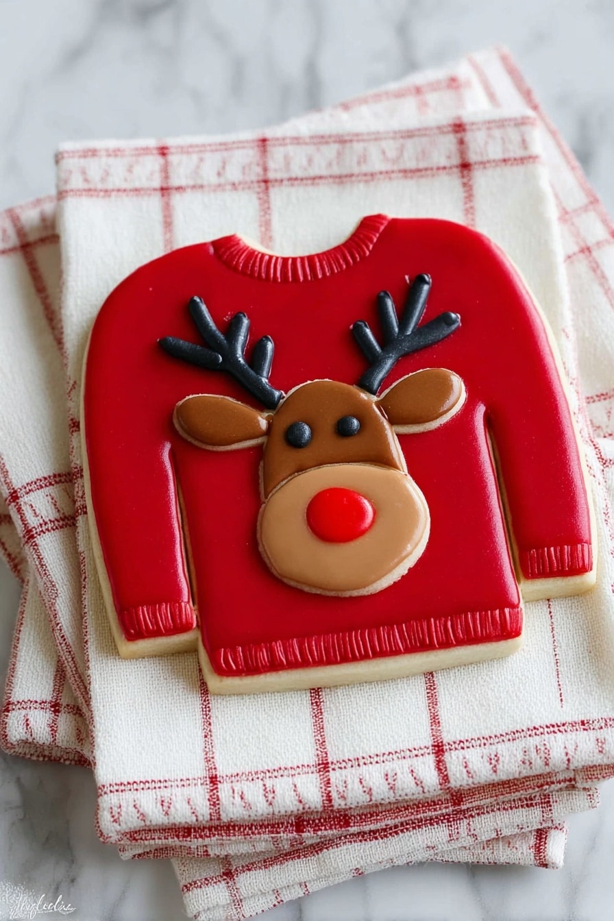 A cookie shaped like a long-sleeve sweater lies on a white cloth over a checkered fabric. The cookie is covered with smooth red icing forming the sweater base. On the chest area, there is a detailed reindeer face made with different icing colors: brown for the face and snout, black for the eyes and antlers, and a bright red shiny nose. The edges of the sweater are outlined with a thin red icing line. The whole scene is on a white marbled surface. photo taken with an iphone --ar 2:3 --v 7 - Ugly Christmas Sweater Cookies, Christmas cookie decorating ideas, holiday baking recipes, festive holiday cookies, simple Christmas cookies