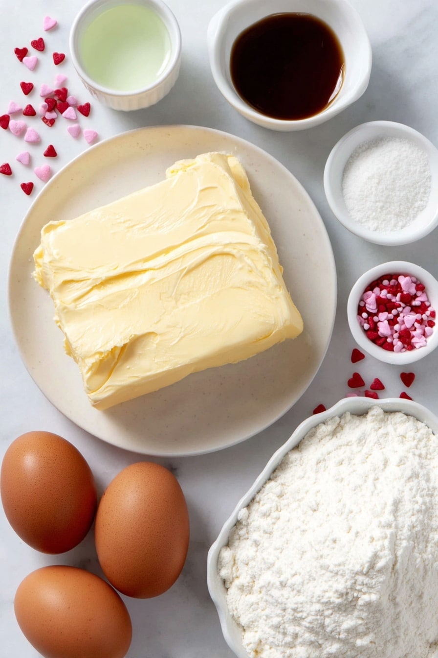 Flat lay of softened unsalted butter on a simple white ceramic plate, two large whole uncracked brown eggs, small white ceramic bowls containing clear peppermint extract and pale vanilla extract, a small white bowl filled with bright green gel food coloring, a small white ceramic bowl with fine white powdered sugar, a small white bowl with white cornstarch powder, and a neat pile of white cake mix flour on a white ceramic dish, a scattering of small red heart-shaped sprinkles nearby, all arranged symmetrically with realistic proportions, placed on a clean white marble surface, soft natural light, photo taken with an iPhone, professional food photography style, fresh ingredients, white ceramic bowls, no bottles, no duplicates, no utensils, no packaging --ar 2:3 --v 7 --p m7354615311229779997 - Grinch Cookies with Peppermint and Green Food Coloring, festive holiday cookies, Christmas cookie ideas, peppermint cookies recipe, easy holiday treats