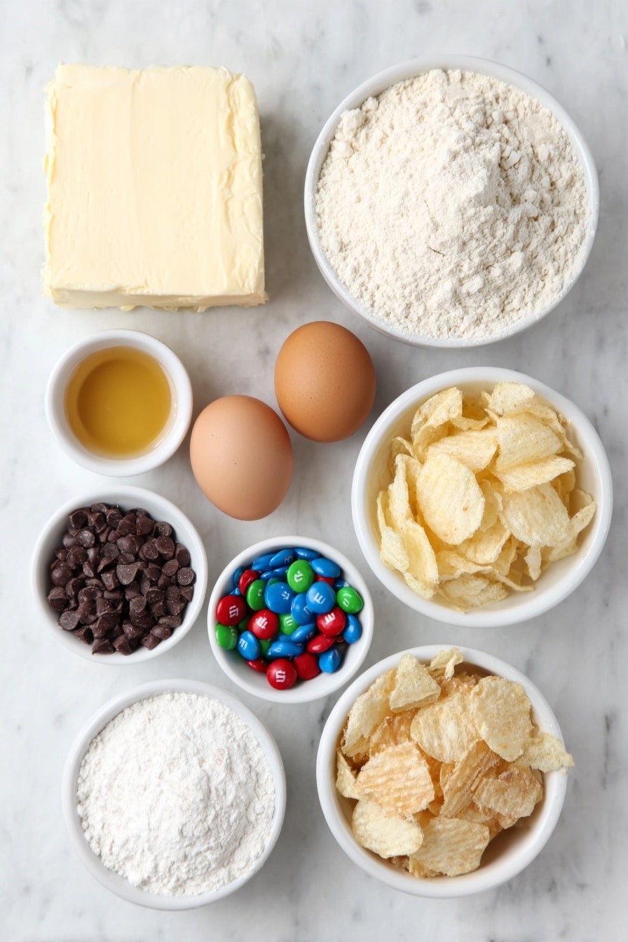 Flat lay of a small block of fresh butter, a small white bowl of packed brown sugar, a small white bowl of granulated sugar, two whole brown eggs with clean shells, a small white bowl of golden vanilla extract, a small white bowl of all-purpose flour, a small white bowl of colorful M&M's, a small white bowl of creamy peanut butter chips, a small white bowl of golden crinkled potato chips, a small white bowl of broken crunchy pretzels, and a small white bowl of coarse flaked sea salt, all arranged symmetrically on a clean white marble surface, soft natural light, photo taken with an iPhone, professional food photography style, fresh ingredients, white ceramic bowls, no bottles, no duplicates, no utensils, no packaging --ar 2:3 --v 7 --p m7354615311229779997 - Santa's Trash Cookies, Trash Cookies Recipe, Holiday Cookie Ideas, Easy Cookie Recipes, Christmas Party Cookies