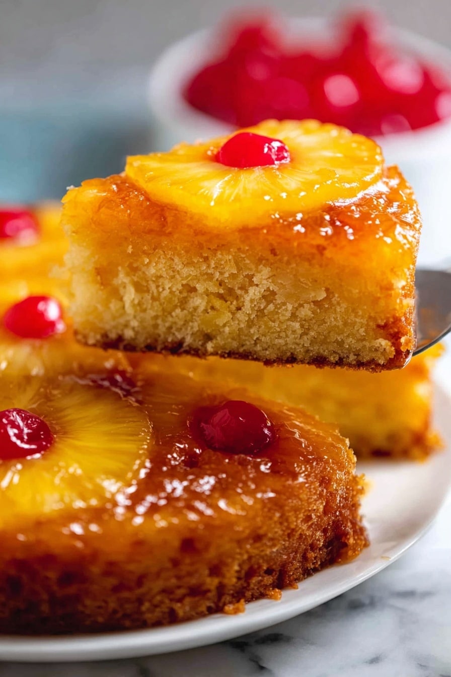 A close-up of a pineapple upside-down cake slice being lifted, showing three layers: the bottom layer is a golden-brown cake with a soft, crumbly texture; the middle layer has a glossy, caramel-like glaze covering the top of the cake; and the top layer features bright yellow pineapple rings with a shiny surface, each having a red cherry in the center. The whole cake is on a white plate placed on a white marbled surface, and there is a blurred background with more cherries visible. Photo taken with an iphone --ar 2:3 --v 7 - Pineapple Upside Down Cake, best pineapple upside down cake, easy pineapple upside down cake recipe, moist pineapple upside down cake, classic pineapple upside down cake