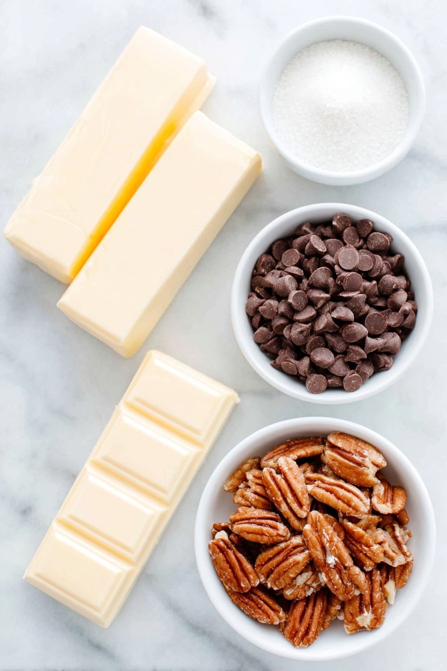 Flat lay of two sticks of unsalted butter with pale yellow creamy texture, a small white bowl filled with fine white granulated sugar, a simple white bowl holding glossy semisweet chocolate chips, and a small white bowl containing freshly chopped pecans with warm brown tones, arranged in perfect symmetry on a clean white marble surface, soft natural light, photo taken with an iPhone, professional food photography style, fresh ingredients, white ceramic bowls, no bottles, no duplicates, no utensils, no packaging --ar 2:3 --v 7 --p m7354615311229779997 - Homemade Toffee with Chocolate and Pecans, easy toffee recipe, chocolate toffee dessert, homemade candy with pecans, buttery toffee treats