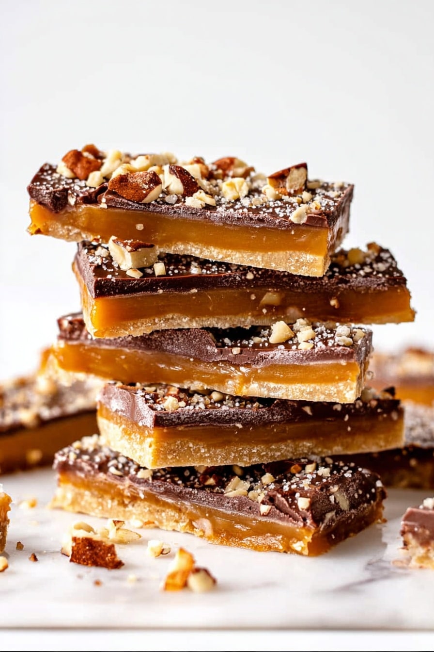 A stack of five rectangular candy bars sits on a white marbled surface, each bar showing two clear layers. The bottom layer is a golden caramel, smooth and thick, while the top layer is a slightly rough, dark chocolate sprinkled with small chopped nuts in light brown and beige colors. Some nut pieces have fallen around the stack, adding texture to the scene. The candy bars appear glossy, highlighting their sticky and rich textures. The background is plain white, making the candy the main focus. photo taken with an iphone --ar 2:3 --v 7 - Homemade Toffee with Chocolate and Pecans, easy toffee recipe, chocolate toffee dessert, homemade candy with pecans, buttery toffee treats