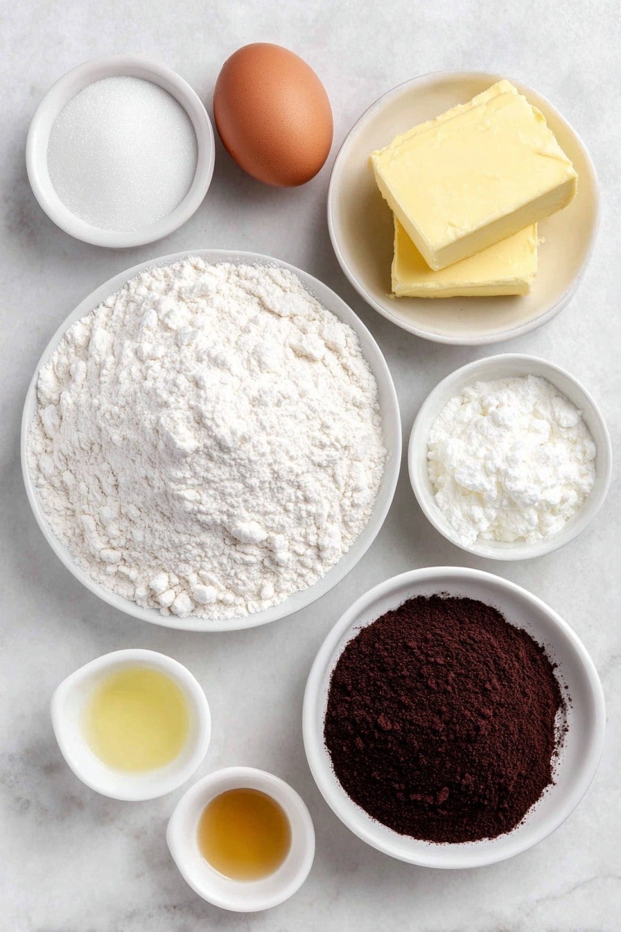 Flat lay of a small pile of fine all-purpose flour on a simple white ceramic plate, a small white bowl filled with fine granulated sugar, a few tablespoons of smooth unsalted butter shaped in a small pat, one large whole brown egg with a clean shell, a small white bowl with clear buttermilk, a small white bowl containing dark brown Dutch-process cocoa powder, a small white bowl of fine confectioners’ sugar, a small white bowl with pale yellow fresh lemon juice, a small white bowl with clear water, a small white bowl with glossy light corn syrup, and a small white bowl with golden vanilla extract, all arranged in perfect symmetry and balanced proportions around the center, placed on a clean white marble surface, soft natural light, photo taken with an iPhone, professional food photography style, fresh ingredients, white ceramic bowls, no bottles, no duplicates, no utensils, no packaging --ar 2:3 --v 7 --p m7354615311229779997 - Black and White Cookies with Vanilla and Chocolate Icing, classic bakery treats, homemade black and white cookies, vanilla and chocolate cookie recipe, nostalgic New York cookies