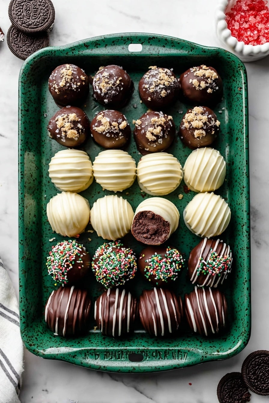 A green speckled baking tray filled with three types of round truffles arranged in neat rows: the top two rows are dark chocolate covered truffles with some sprinkled with crushed cookies or colorful tiny sprinkles, the third row has white chocolate covered truffles with smooth, ridged texture and one truffle bitten to show a light crumb inside, the fourth row returns to dark chocolate truffles decorated with colorful sprinkles, the fifth row has dark chocolate truffles drizzled with white chocolate lines, and the bottom two rows display plain dark chocolate truffles with some topped with crushed cookies, all placed on a white marbled surface with a small white bowl of red sugar crystals and a couple of Oreo cookies on the side. photo taken with an iphone --ar 2:3 --v 7 - Easy Oreo Truffles, Oreo Truffles dessert, no-bake Oreo treats, chocolate Oreo bites, quick Oreo truffles