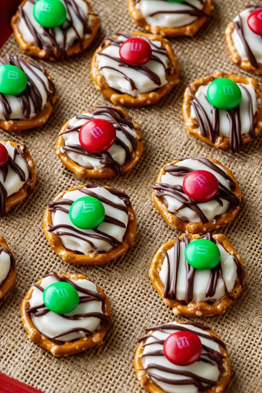 A white plate filled with many small round pretzels, each topped with a smooth, white candy layer that is drizzled with thin, wavy lines of milk chocolate. On top of each candy layer is a single colorful candy-coated chocolate piece in red, blue, green, orange, or yellow, centered in the middle of the pretzel. The pretzels have a golden-brown color with shiny salt grains visible on their surface. The plate is placed on a white marbled surface. photo taken with an iphone --ar 2:3 --v 7 - Easy Pretzel Hugs with M&Ms, quick pretzel snack, salty sweet pretzels, no-bake pretzel treats, party-friendly pretzel bites