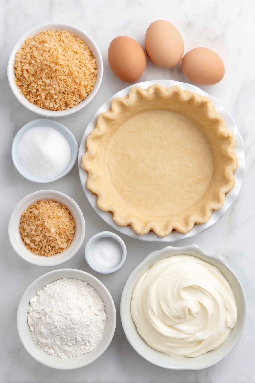 Flat lay of a whole 9-inch pre-baked pie crust on a simple white ceramic plate, a small white bowl of golden toasted shredded sweetened coconut flakes, four large whole eggs with clean shells, a small white bowl of fine white granulated sugar, a small white bowl of smooth white cornstarch powder, a small white bowl of pure unsweetened coconut milk, a small white bowl of whole milk, a small white bowl of soft unsalted butter at room temperature, a small white bowl of thick heavy cream, a small white bowl of fine powdered sugar, a small white bowl of clear vanilla extract liquid, and a small white bowl of pale coconut extract liquid, all ingredients fresh and natural, perfectly symmetrical arrangement, placed on a clean white marble surface, soft natural light, photo taken with an iPhone, professional food photography style, fresh ingredients, white ceramic bowls, no bottles, no duplicates, no utensils, no packaging --ar 2:3 --v 7 --p m7354615311229779997 - Coconut Cream Pie, homemade coconut cream pie, classic coconut pie, coconut custard pie, coconut dessert recipe