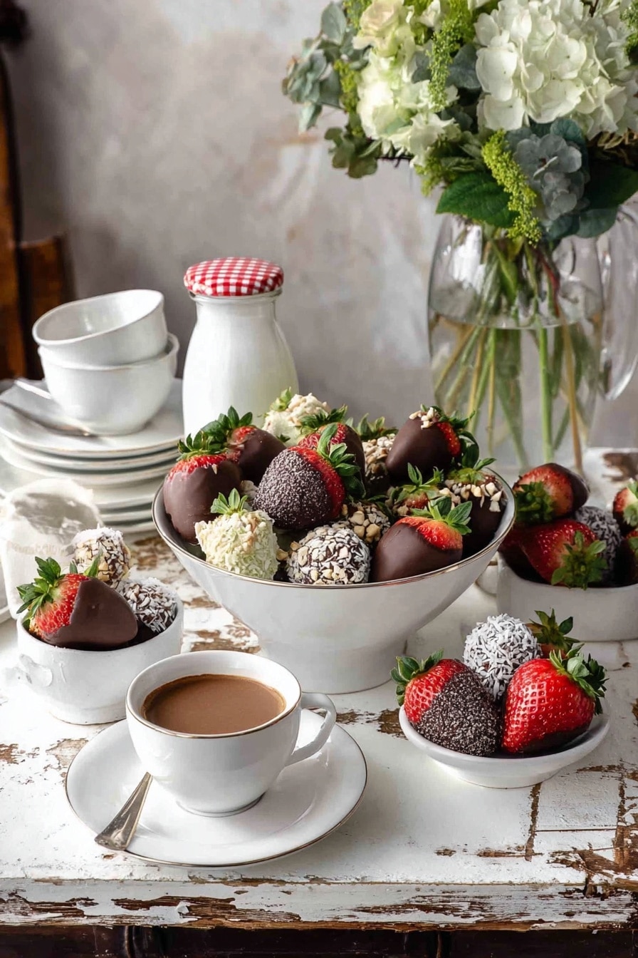 The image shows a white bowl filled with fresh strawberries mostly covered in smooth, dark chocolate. Among them, a few strawberries are dipped halfway in chopped nuts or coated with white shredded coconut. The strawberries are bright red with green leaves on top, creating a vibrant contrast against the dark chocolate, nuts, and coconut layers. The bowl is set on a white marbled surface, and the background is softly blurred, including a small white bowl and a cup holding a brown sauce. Photo taken with an iphone --ar 2:3 --v 7 - Chocolate Covered Strawberries, Easy Chocolate Covered Strawberries, Homemade Strawberries with Chocolate, Fruit Desserts, Romantic Dessert Ideas