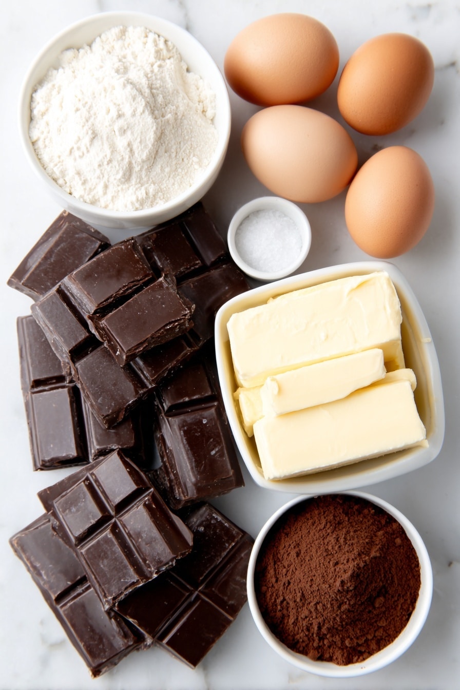 Flat lay of roughly chopped semi sweet chocolate chunks, a small white ceramic bowl filled with all purpose flour, a small white ceramic bowl of granulated white sugar, three whole uncracked brown eggs, a block of unsalted butter at room temperature, a small white ceramic bowl with vanilla extract, a small pinch of salt displayed as coarse grains, a small white ceramic bowl of confectioners sugar, a small white ceramic bowl of cocoa powder, a small white ceramic bowl of heavy whipping cream, placed on a clean white marble surface, soft natural light, photo taken with an iPhone, professional food photography style, fresh ingredients, white ceramic bowls, no bottles, no duplicates, no utensils, no packaging --ar 2:3 --v 7 --p m7354615311229779997 - Chocolate Frosted Christmas Brownies, Christmas brownies, holiday brownies recipe, fudgy Christmas brownies, festive chocolate brownies