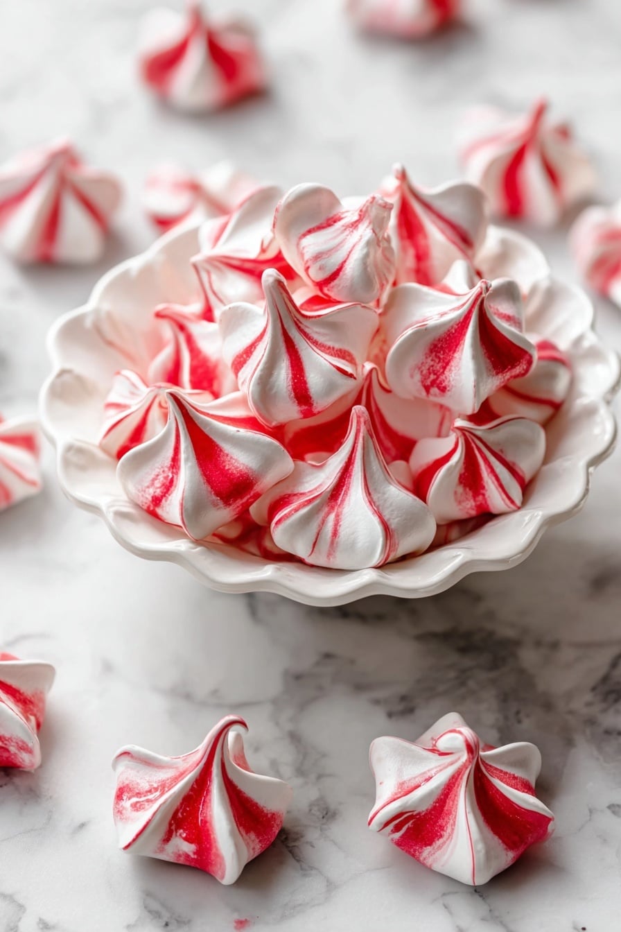 A white cake stand holds a pile of small meringue cookies, each with red and white swirled colors forming pointed peaks and smooth textures. The cookies are stacked in a lively cluster creating a high mound, with some scattered around the base on a white marbled surface. A woman's hand is gently picking up one of the meringues from the top. In the background, there are small decorative green trees that add a festive touch. photo taken with an iphone --ar 2:3 --v 7 - Peppermint Meringue Cookies, holiday meringue cookies, peppermint holiday treats, festive meringue recipes, easy peppermint cookies