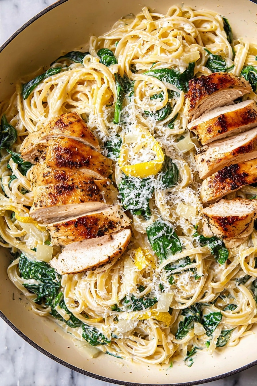 The image shows a close-up view of a white bowl filled with sliced golden-brown grilled chicken on the left side. The chicken has a slightly crispy, shiny texture with visible seasoning and small cooked garlic pieces on top. Next to the chicken, there is a creamy pasta with fettuccine noodles that are light yellow and mixed with white sauce and green spinach leaves. Some parts of the pasta have a slight shine from the sauce, and small bits of white cheese are sprinkled throughout. The white bowl rests on a white marbled surface. Photo taken with an iphone --ar 2:3 --v 7 - Creamy Spinach Ricotta Pasta with Lemon Chicken, quick creamy pasta with lemon chicken and spinach, easy lemon chicken pasta recipe, healthy creamy chicken pasta, flavorful spinach ricotta pasta