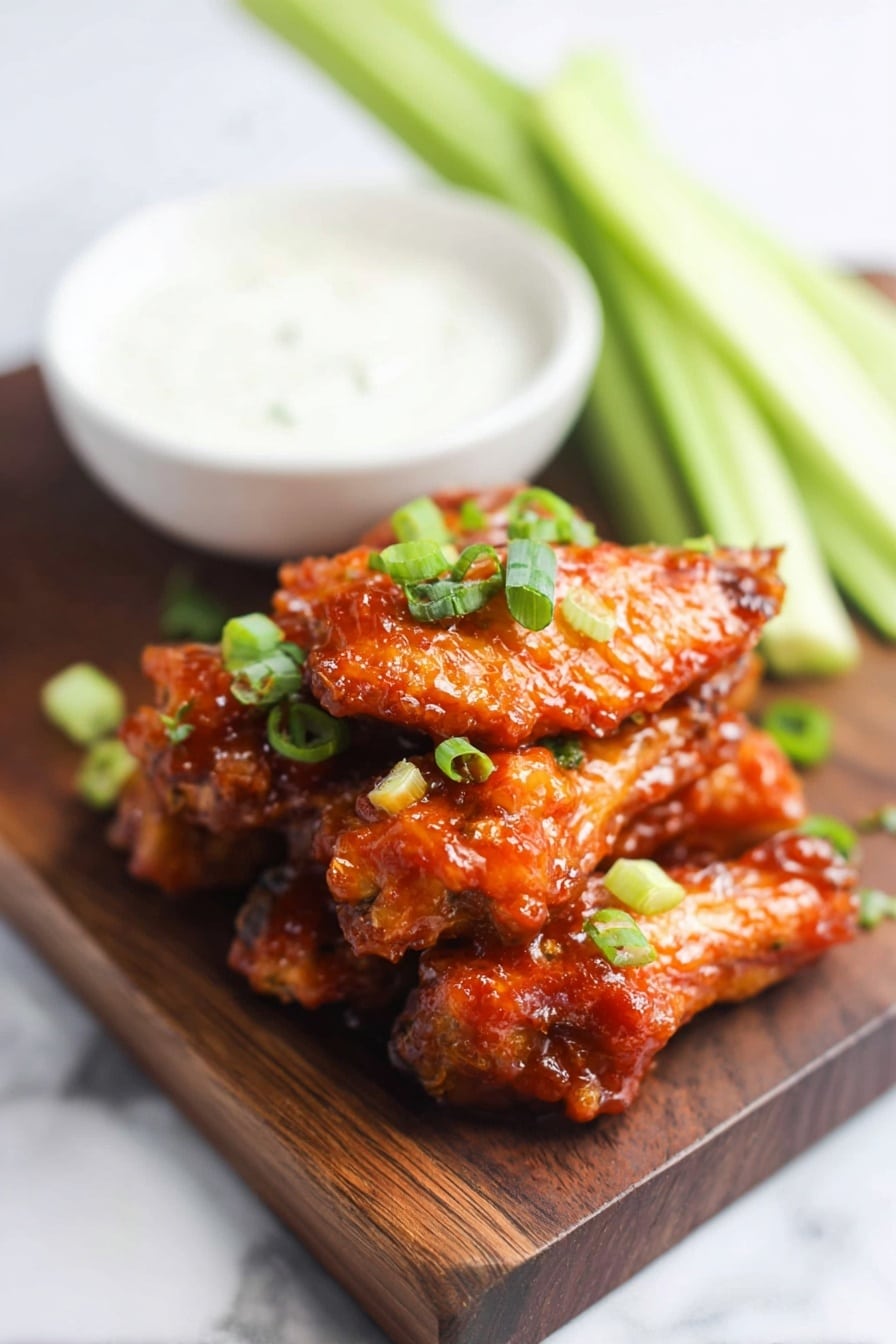 A stack of shiny, reddish-orange chicken wings coated in a thick, sticky sauce sits on a dark wooden board, topped with bright green chopped spring onions. Behind the wings, several long, light green celery sticks lean diagonally against the board. To the left, a white bowl filled with smooth, white creamy dip rests on the board. The whole setting is placed on a white marbled surface, and a woman's hand is holding the edge of the board. Photo taken with an iphone --ar 2:3 --v 7 - Honey Garlic Chicken Wings, Honey Garlic Chicken Wings recipe, crispy wings with honey garlic glaze, easy honey garlic chicken wings, flavorful chicken wings