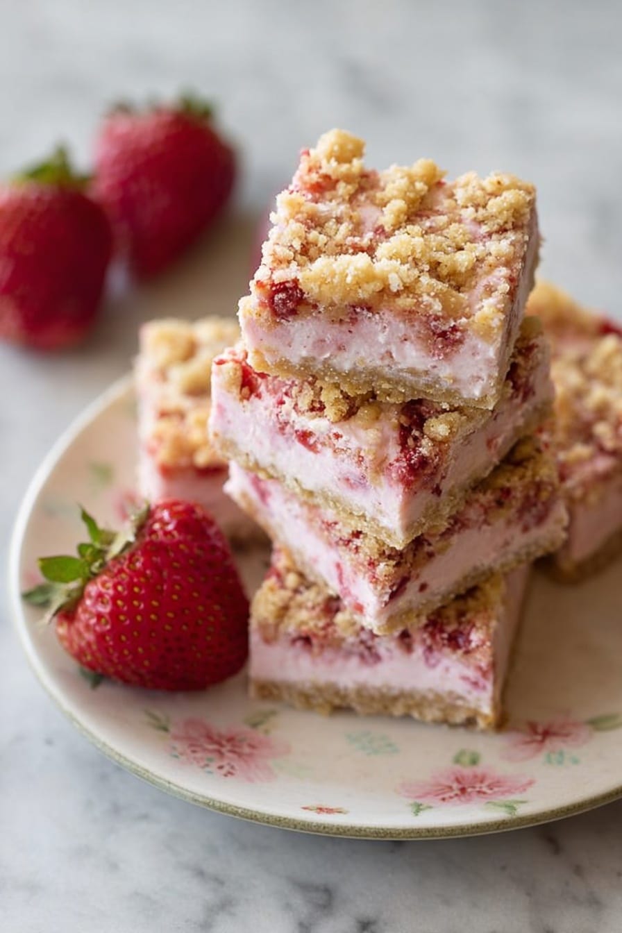 The image shows a stack of five square dessert bars on a white plate with a soft floral pattern, placed on a white marbled surface. Each layered bar has a crumbly golden brown topping with visible small chunks giving texture. Below the topping is a thick pale pink creamy layer, with hints of red fruit pieces embedded inside, making the pink color uneven and natural. The bars are stacked neatly, with three whole red strawberries with green tops placed beside them on the plate. Photo taken with an iphone --ar 2:3 --v 7 - Frozen Strawberry Shortcake Squares, strawberry dessert, frozen fruit squares, easy summer desserts, no-bake strawberry treats