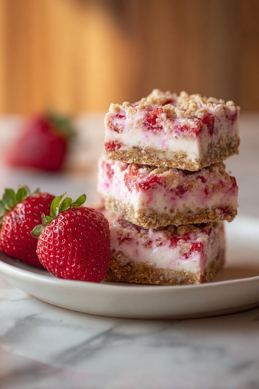 The image shows a stack of four square bars on a white plate placed on a white marbled surface. Each bar has three visible layers: the bottom and top layers are crumbly and light brown with a textured look, while the middle layer is thick and creamy light pink mixed with small red pieces, likely strawberries. Two fresh strawberries with green leaves are placed in front of the stack on the left side of the plate. The background is softly blurred with warm tones. photo taken with an iphone --ar 2:3 --v 7 - Frozen Strawberry Shortcake Squares, strawberry dessert, frozen fruit squares, easy summer desserts, no-bake strawberry treats