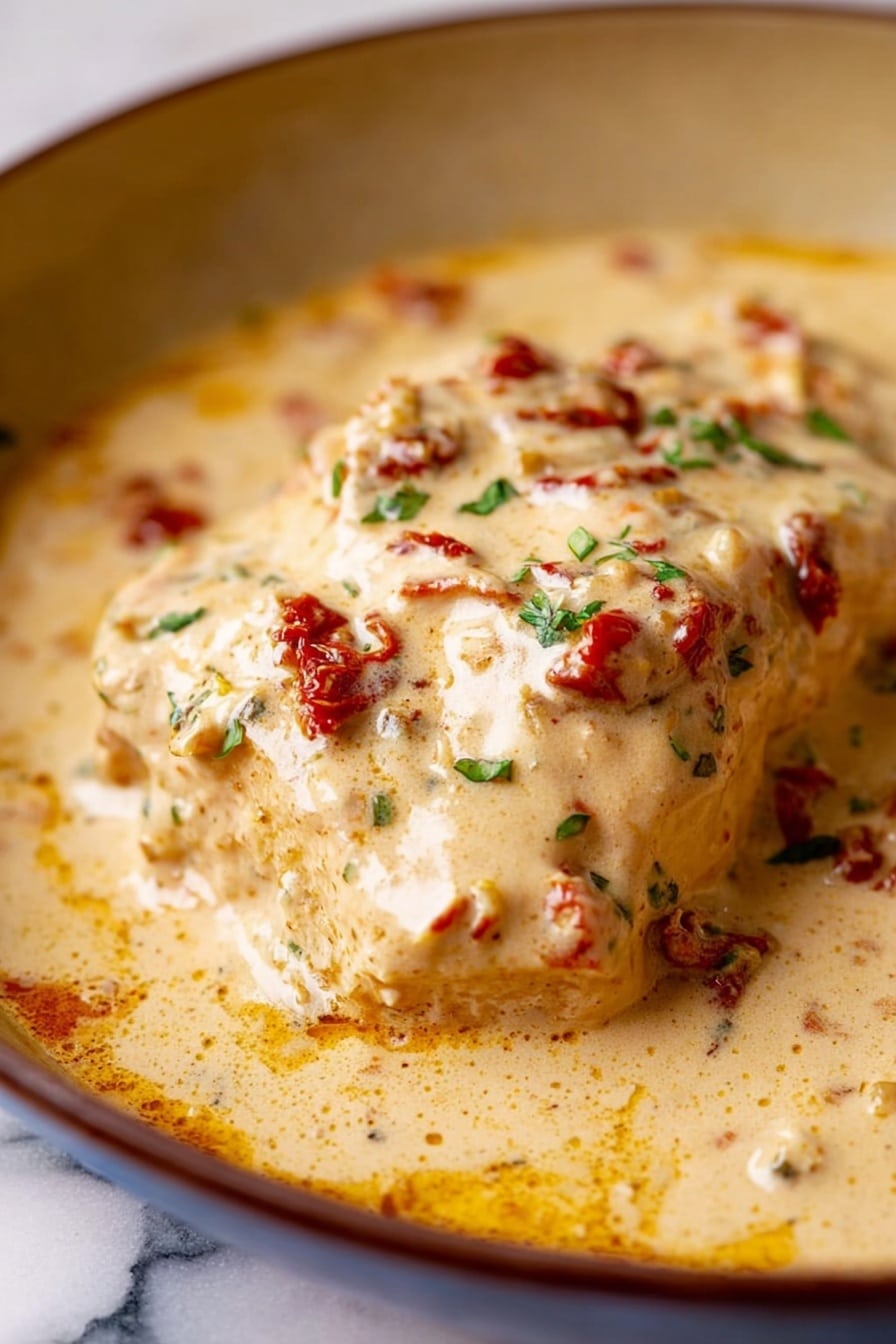 A single thick piece of light tan chicken is covered in a creamy sauce with a smooth, rich texture. The sauce is off-white with bits of red sun-dried tomatoes and small green herb leaves sprinkled on top. The chicken and sauce fill a round pan with a dark edge, resting on a white marbled surface. The creamy sauce pools around the chicken with a slightly glossy finish, showing a mix of orange oil streaks and herbs throughout. Photo taken with an iphone --ar 2:3 --v 7 - Marry Me Tofu in Creamy Sun-Dried Tomato Sauce, vegan tofu dinner ideas, plant-based creamy tomato sauce, vegetarian tofu recipes, quick easy tofu dishes