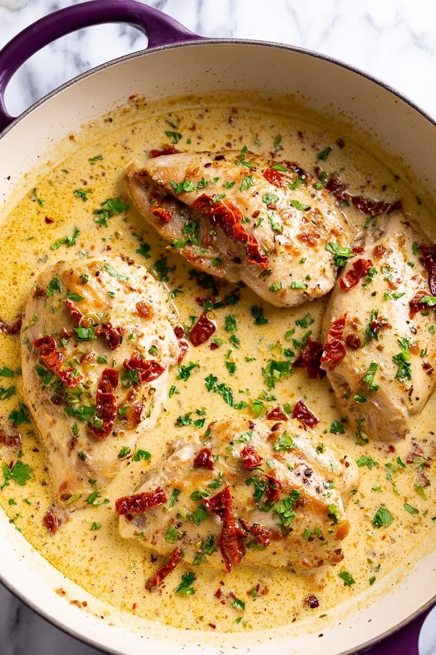 A close-up top view of three pieces of cooked chicken in a creamy light yellow sauce with bits of red sun-dried tomatoes and chopped green parsley sprinkled on top. The chicken pieces are nestled in the sauce inside a round white pan with a purple handle, all placed on a white marbled surface. The sauce looks smooth and thick, mixing well with the herbs and tomatoes scattered evenly over the chicken. photo taken with an iphone --ar 2:3 --v 7 - Marry Me Tofu in Creamy Sun-Dried Tomato Sauce, vegan tofu dinner ideas, plant-based creamy tomato sauce, vegetarian tofu recipes, quick easy tofu dishes