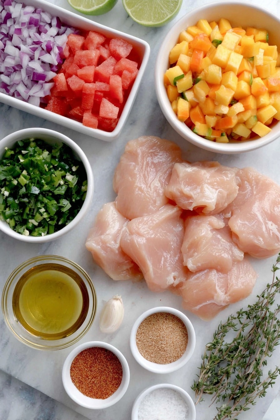 Flat lay of fresh boneless, skinless chicken breasts arranged neatly, a small white bowl of cubed bright red watermelon, another bowl with vivid orange mango cubes, a pile of finely chopped red onion, a few sprigs of fresh green cilantro, a small heap of finely chopped green jalapeño peppers, a small white bowl with fresh lime juice, a small white bowl containing golden extra virgin olive oil, whole garlic cloves with their pale papery skins intact, fresh oregano sprigs with delicate green leaves, small piles of warm brown chili powder, light tan ground cumin, coarse white salt crystals, and granulated white sugar, all placed on a clean white marble surface, soft natural light, photo taken with an iPhone, professional food photography style, fresh ingredients, white ceramic bowls, no bottles, no duplicates, no utensils, no packaging --ar 2:3 --v 7 --p m7354615311229779997 - Grilled Chicken with Mango Watermelon Salsa, grilled chicken, mango watermelon salsa, summer chicken dishes, healthy grilled chicken recipes