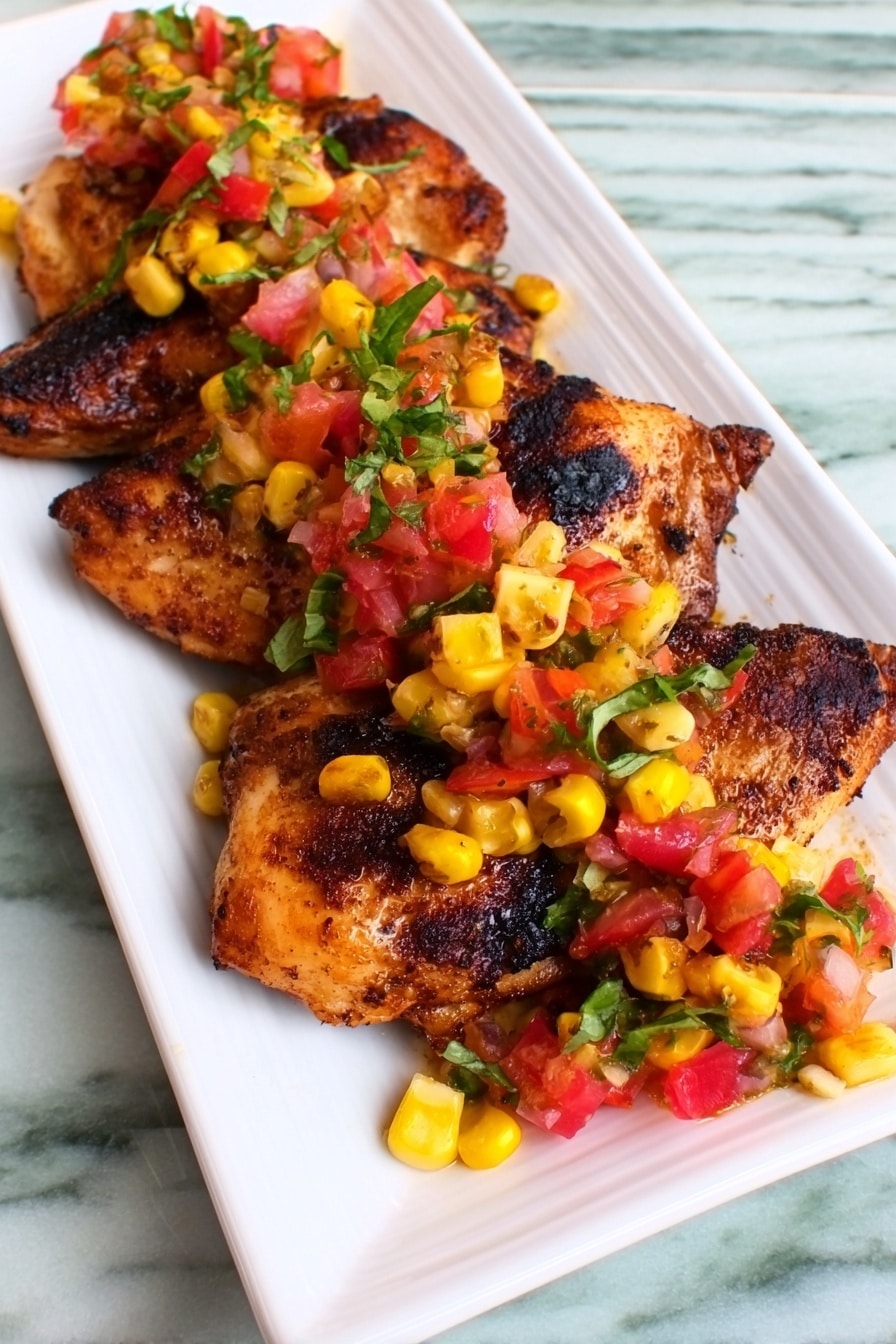A white rectangular plate holds two grilled pieces of seasoned chicken with a dark, slightly charred crust. On top and around the chicken is a colorful salsa made of bright yellow mango chunks, red watermelon cubes, small pieces of red onion, and fresh green cilantro leaves, adding a fresh and vibrant contrast against the chicken. The background surface is white marble. Photo taken with an iphone --ar 2:3 --v 7 - Grilled Chicken with Mango Watermelon Salsa, grilled chicken, mango watermelon salsa, summer chicken dishes, healthy grilled chicken recipes