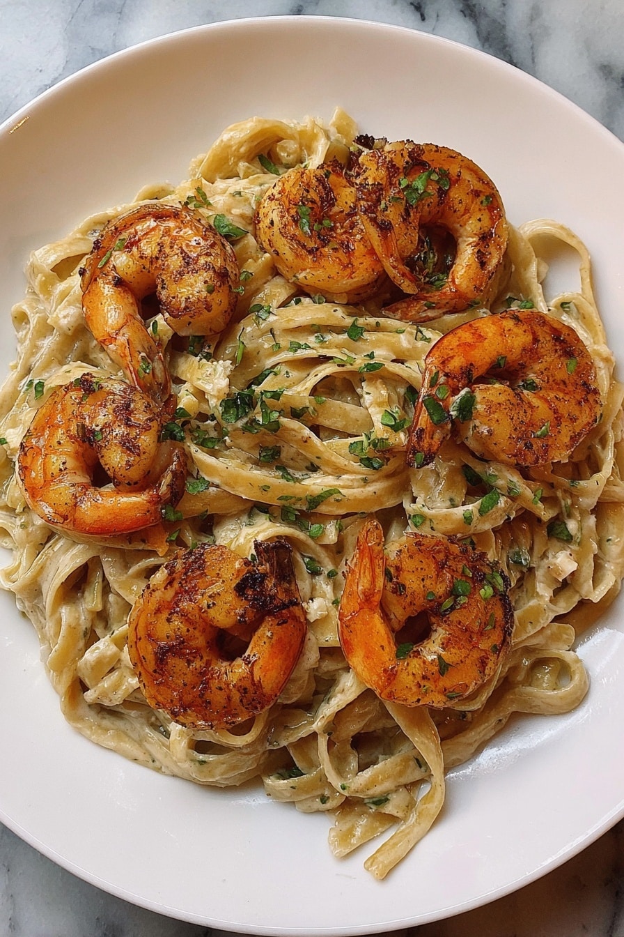 A white plate is filled with creamy fettuccine pasta that is light beige in color, mixed with small bits of green herbs. On top of the pasta, there are six large cooked shrimp, arranged in a circle. The shrimp are orange with charred edges and sprinkled with chopped green herbs. The plate sits on a white marbled surface. photo taken with an iphone --ar 2:3 --v 7 - Cajun Shrimp Pasta, Cajun Shrimp Pasta recipe, easy Cajun pasta, creamy shrimp pasta, spicy seafood pasta
