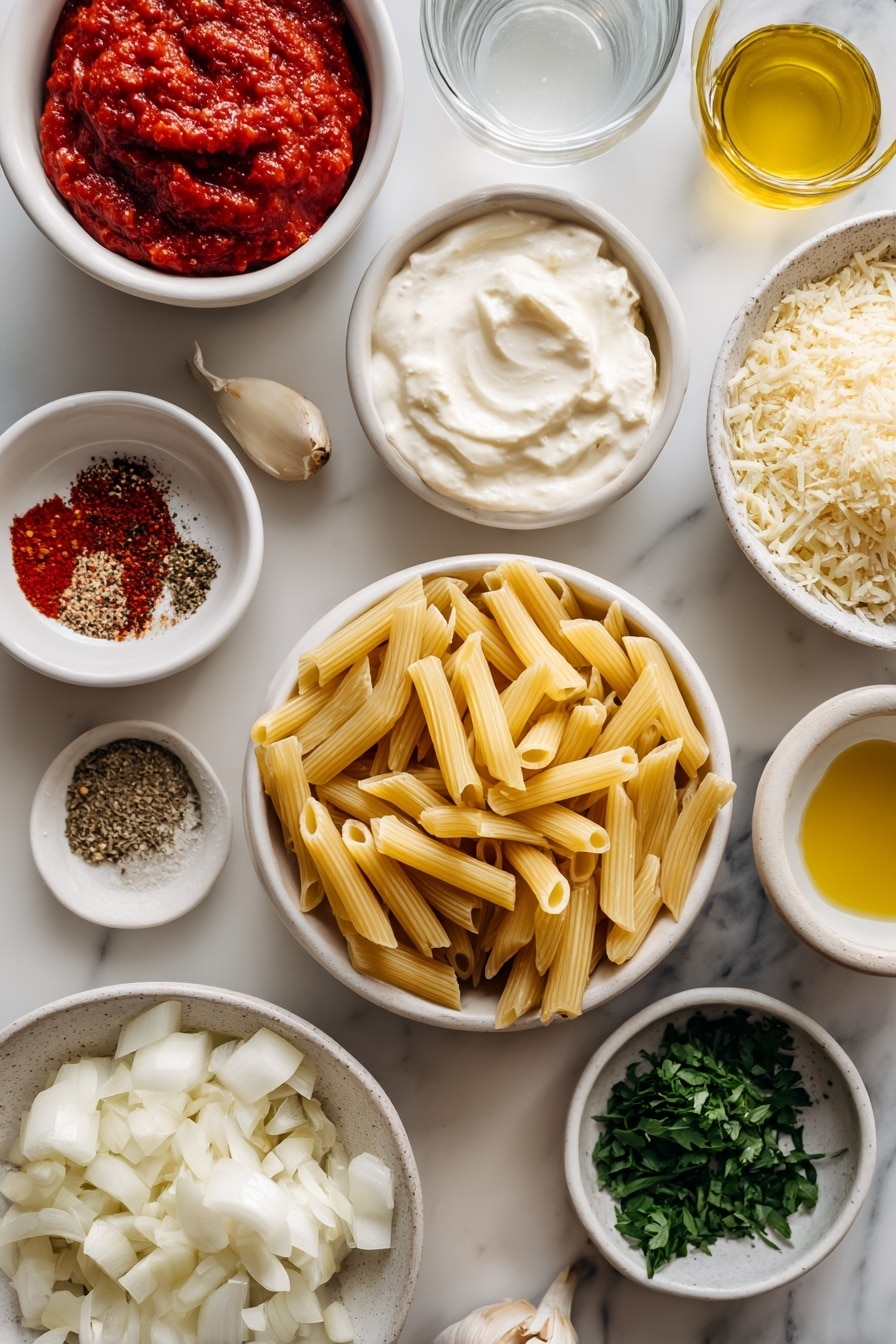 Flat lay of a small pile of uncooked penne pasta, two whole brown eggs with clean shells, a small white ceramic bowl of vibrant red tomato paste, a small white ceramic bowl of thick creamy double cream, a small white ceramic bowl of clear vodka, a small white ceramic bowl of golden olive oil, a small white ceramic bowl of coarse kosher salt, a small white ceramic bowl of crushed red pepper flakes, a small white ceramic bowl of freshly ground black pepper, a few garlic cloves with papery skins, a small white ceramic bowl of finely diced white onion, a small white ceramic bowl of finely chopped fresh parsley, a small white ceramic bowl holding a loosely packed cup of freshly grated pale yellow parmesan cheese placed on a clean white marble surface, soft natural light, photo taken with an iPhone, professional food photography style, fresh ingredients, white ceramic bowls, no bottles, no duplicates, no utensils, no packaging --ar 2:3 --v 7 --p m7354615311229779997 - Creamy Vodka Penne Pasta, creamy vodka pasta recipe, penne pasta with vodka sauce, easy vodka pasta dish, comforting pasta recipes