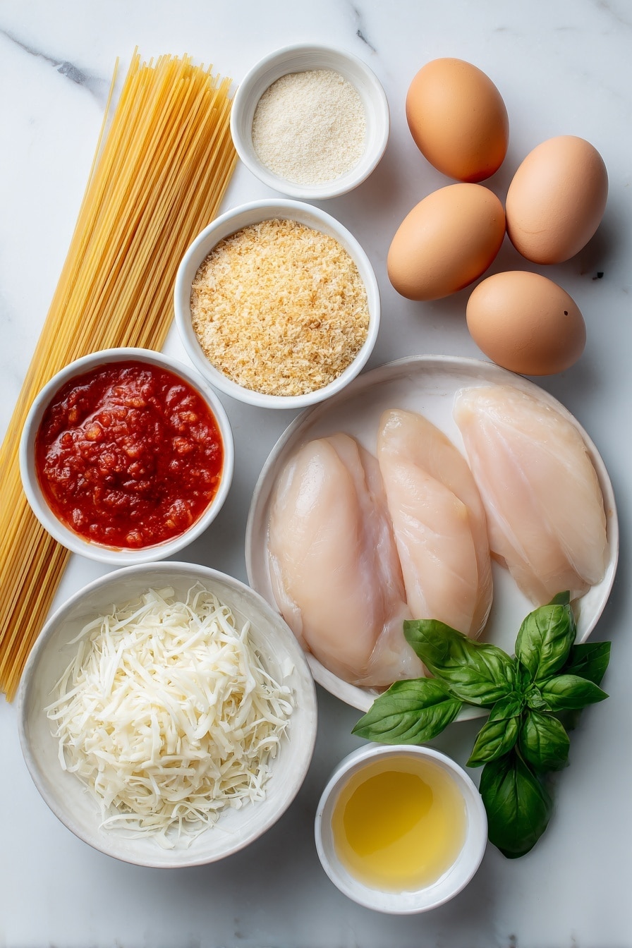 Flat lay of boneless skinless chicken breasts halved horizontally, two whole brown eggs with clean shells, a small white ceramic bowl of pale golden panko bread crumbs, a small white ceramic bowl of mixed Italian style bread crumbs, a small white ceramic bowl of freshly grated parmesan cheese, a small white ceramic bowl of bright red marinara sauce, a small white ceramic bowl of shredded white mozzarella cheese, a few vibrant fresh green basil leaves, a small white ceramic bowl of golden oil, all arranged symmetrically and balanced, placed on a clean white marble surface, soft natural light, photo taken with an iPhone, professional food photography style, fresh ingredients, white ceramic bowls, no bottles, no duplicates, no utensils, no packaging --ar 2:3 --v 7 --p m7354615311229779997 - Easy Chicken Parmesan, Chicken Parmesan, Chicken Parmesan recipe, Italian chicken dish, crispy cheesy chicken