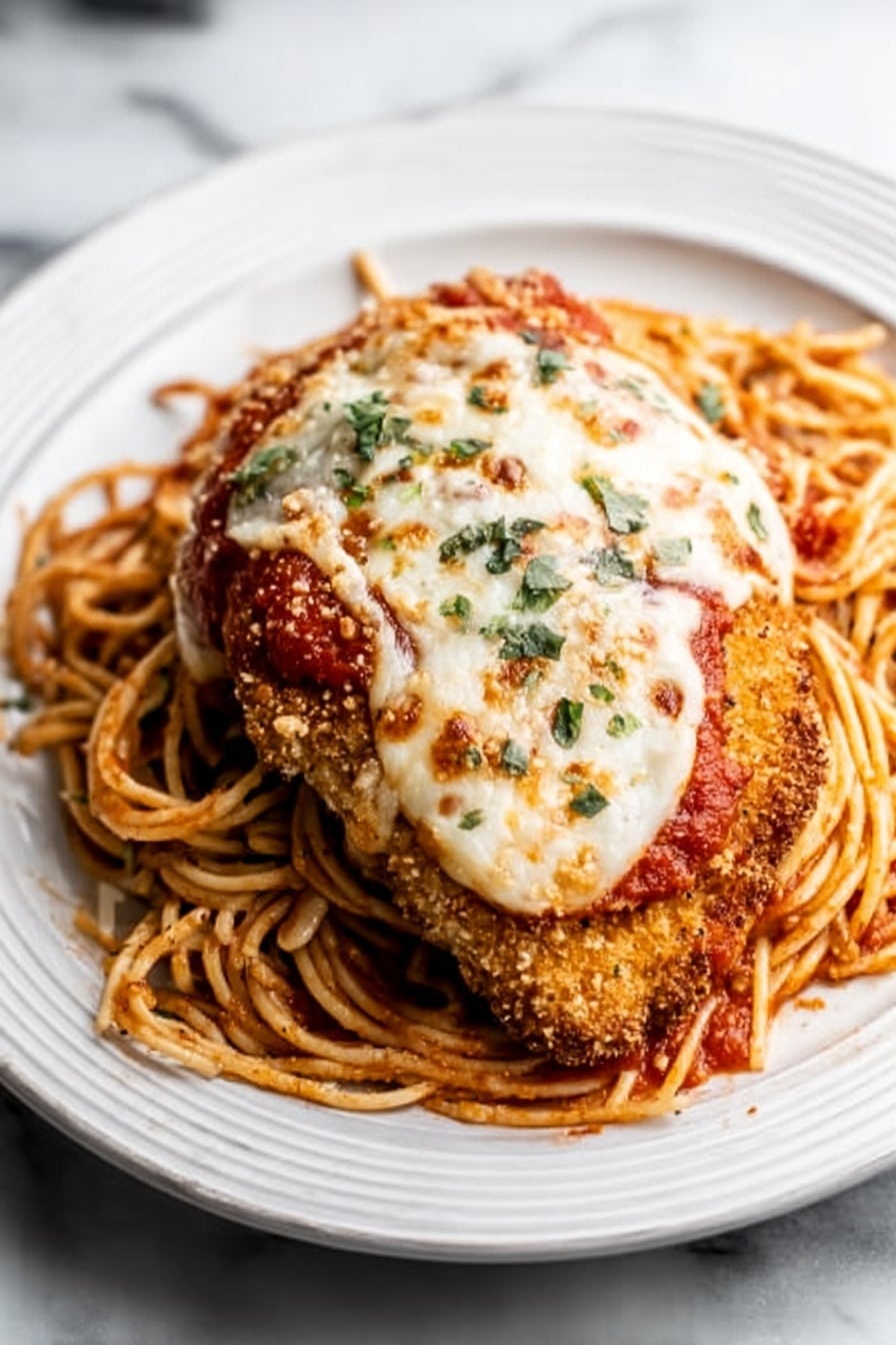 There is a white plate with a ringed edge that holds a layer of light brown spaghetti with a thick red tomato sauce mixed through it. On top of the spaghetti sits a piece of crispy, golden-brown breaded chicken. Layered over the chicken is a melted white cheese with some browned spots and small green herb bits sprinkled on top. The plate is on a white marbled surface with a bit of shadow under the plate. The picture is well-lit and taken close up, showing all textures clearly photo taken with an iphone --ar 2:3 --v 7 - Easy Chicken Parmesan, Chicken Parmesan, Chicken Parmesan recipe, Italian chicken dish, crispy cheesy chicken