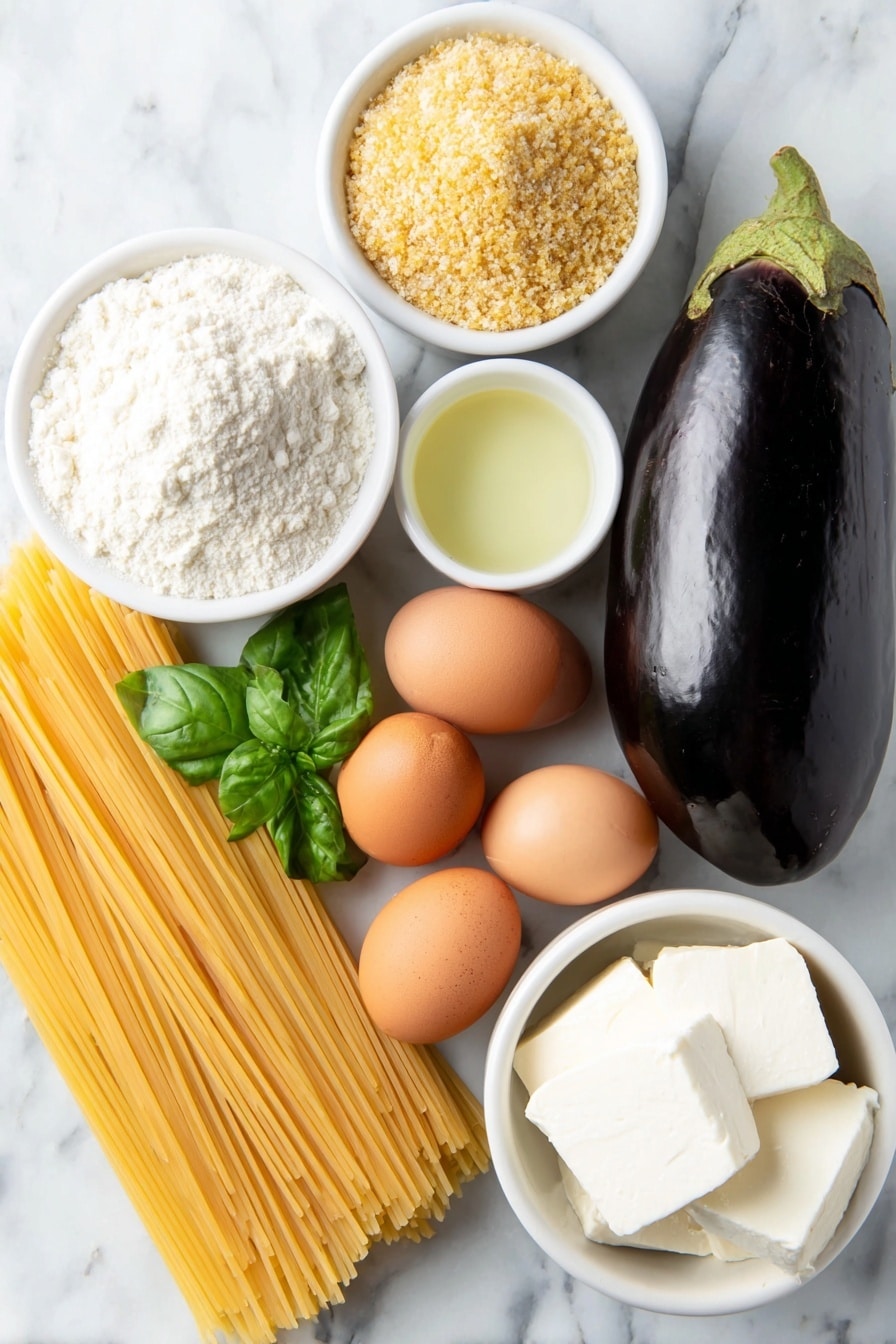 Flat lay of one whole globe eggplant, a small white bowl of all-purpose flour, two whole uncracked large brown eggs with clean shells, a small white bowl filled with golden panko breadcrumbs, a small white bowl of neutral cooking oil, a block of fresh white mozzarella cheese, a neat bundle of uncooked spaghetti pasta, a small white bowl containing rich homemade spaghetti meat sauce, a small white bowl of grated Parmigiano-Reggiano cheese, and a few fresh green basil sprigs, all placed on a clean white marble surface, soft natural light, photo taken with an iPhone, professional food photography style, fresh ingredients, white ceramic bowls, no bottles, no duplicates, no utensils, no packaging --ar 2:3 --v 7 --p m7354615311229779997 - Eggplant Parmesan Spaghetti with Meat Sauce, Italian eggplant spaghetti, baked eggplant pasta, hearty meat sauce recipes, crispy eggplant pasta dish