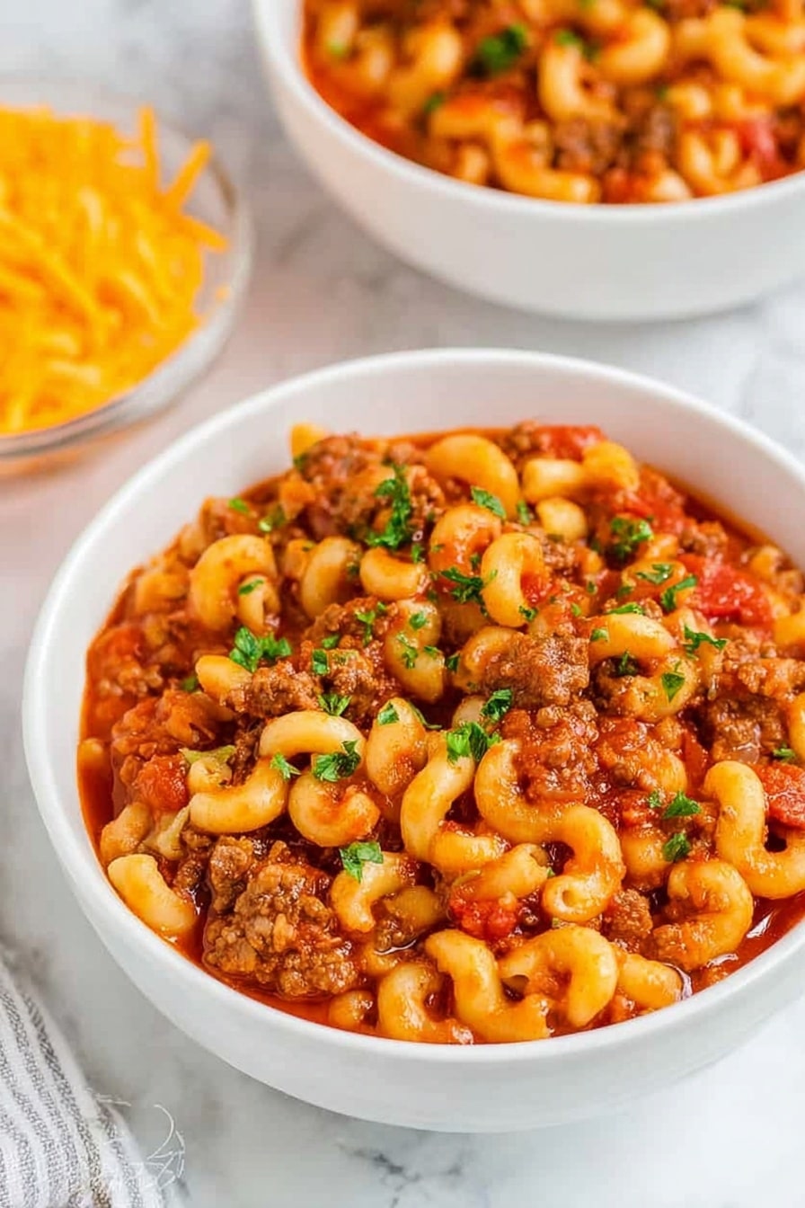 A white bowl filled with a warm dish made of soft elbow macaroni mixed with chunky pieces of browned meat and bits of tomato in a thick red sauce. The top is sprinkled with fresh green chopped herbs. In the background, there is another white bowl with the same dish and a small clear bowl filled with bright orange shredded cheese, all placed on a white marbled surface. Photo taken with an iphone --ar 2:3 --v 7 - American Chop Suey with Ground Beef and Pasta, hearty ground beef and pasta dinner, easy weeknight American Chop Suey, comforting beef pasta dish, quick American casserole