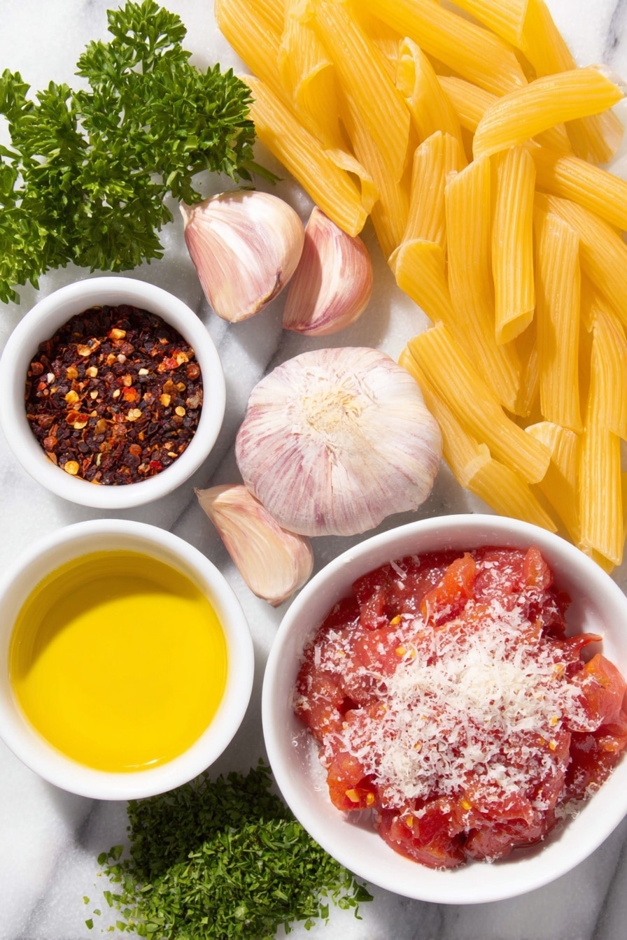 Flat lay of a small white ceramic bowl filled with extra-virgin olive oil, four whole garlic cloves with natural papery skins, a small white bowl containing red pepper flakes, a simple white ceramic bowl holding roughly hand-crushed whole fresh tomatoes with visible juice, a sprinkle of fine salt artfully scattered nearby, a small pile of finely chopped fresh flat-leaf parsley, a neat mound of uncooked penne pasta tubes, and a small white bowl with freshly grated Pecorino cheese, all arranged in perfect symmetry and balanced proportions, placed on a clean white marble surface, soft natural light, photo taken with an iPhone, professional food photography style, fresh ingredients, white ceramic bowls, no bottles, no duplicates, no utensils, no packaging --ar 2:3 --v 7 --p m7354615311229779997 - Spicy Penne Arrabbiata, Penne Arrabbiata recipe, spicy pasta dinner, quick Italian pasta, easy spicy penne