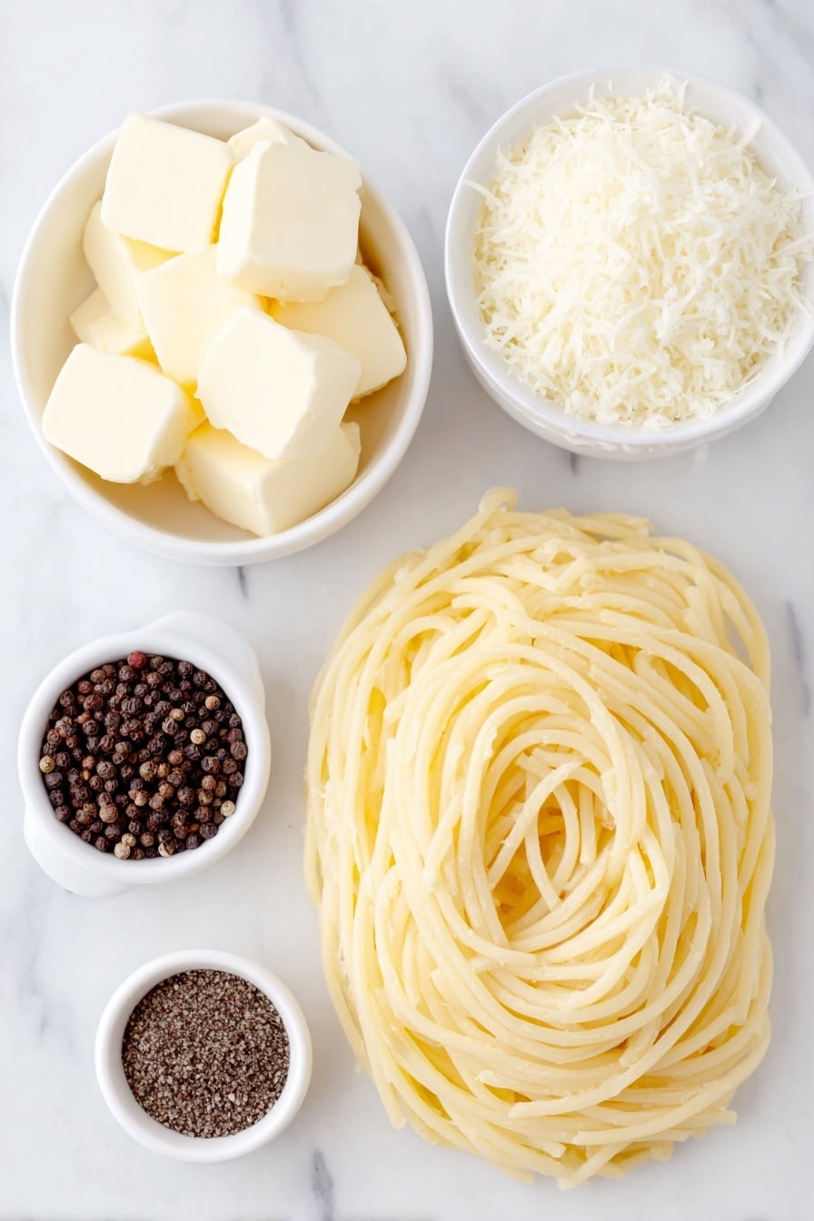 Flat lay of dried bucatini pasta nest, a small white bowl of unsalted butter cubes, a small white bowl filled with freshly grated Pecorino Romano cheese, a small white bowl containing cracked toasted black pepper, placed on a clean white marble surface, soft natural light, photo taken with an iPhone, professional food photography style, fresh ingredients, white ceramic bowls, no bottles, no duplicates, no utensils, no packaging --ar 2:3 --v 7 --p m7354615311229779997 - Cacio e Pepe Pasta, Italian pasta recipes, easy pasta dishes, quick weeknight dinners, creamy cheese pasta