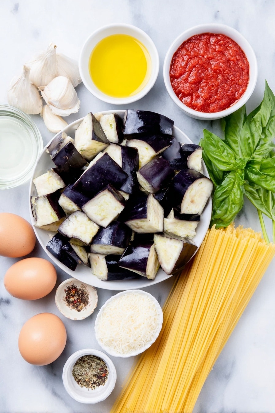 Flat lay of fresh cubed eggplant with deep purple skin and creamy white flesh, two whole brown garlic cloves, one small yellow onion peeled and whole, bright green basil leaves loosely piled, a small white ceramic bowl with extra virgin olive oil, a small white bowl with vibrant red tomato passata, a small white bowl with clear white wine, a small white bowl with clear water, a small white bowl containing a mix of dried Italian herbs and red pepper flakes, two uncracked brown eggs with smooth shells, a neat bundle of golden yellow uncooked spaghetti, and grated Parmesan cheese piled lightly on a white ceramic plate, all arranged symmetrically on a clean white marble surface, soft natural light, photo taken with an iPhone, professional food photography style, fresh ingredients, white ceramic bowls, no bottles, no duplicates, no utensils, no packaging --ar 2:3 --v 7 --p m7354615311229779997 - Eggplant Pasta alla Norma, Eggplant pasta recipe, Sicilian eggplant pasta, Mediterranean pasta dish, easy Italian eggplant pasta
