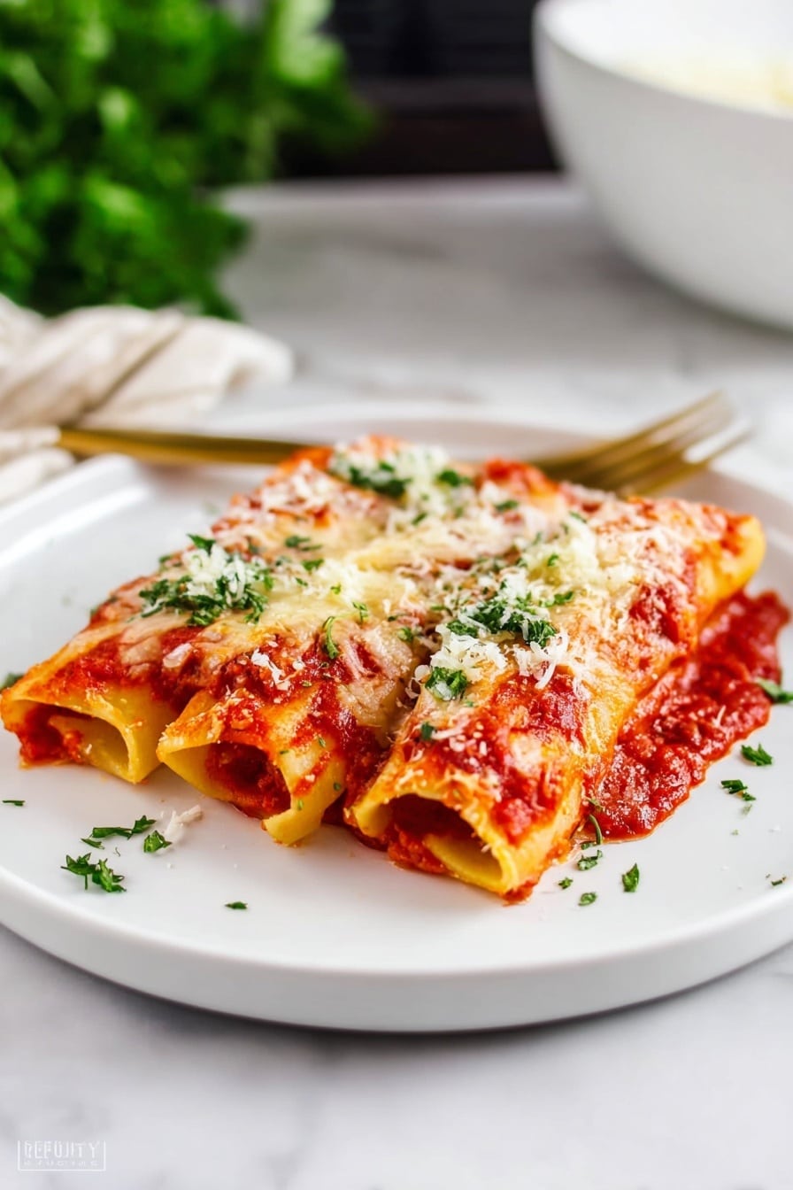 The image shows three rolled pasta pieces placed side by side on a large white plate, each covered in a thick red tomato sauce and melted white cheese that is slightly browned. There is a sprinkle of finely grated white cheese and fresh green herbs evenly scattered over the pasta. In the background, there is a white bowl with green herbs and a tray with more pasta rolls visible on a dark surface, all set on a white marbled texture. To the right of the plate, there is a golden spoon and fork resting on the same dark surface. Photo taken with an iphone --ar 2:3 --v 7 - Cheese Manicotti Marinara Sauce, Italian Cheese Manicotti, Easy Baked Manicotti, Vegetarian Italian Pasta, Classic Italian Manicotti