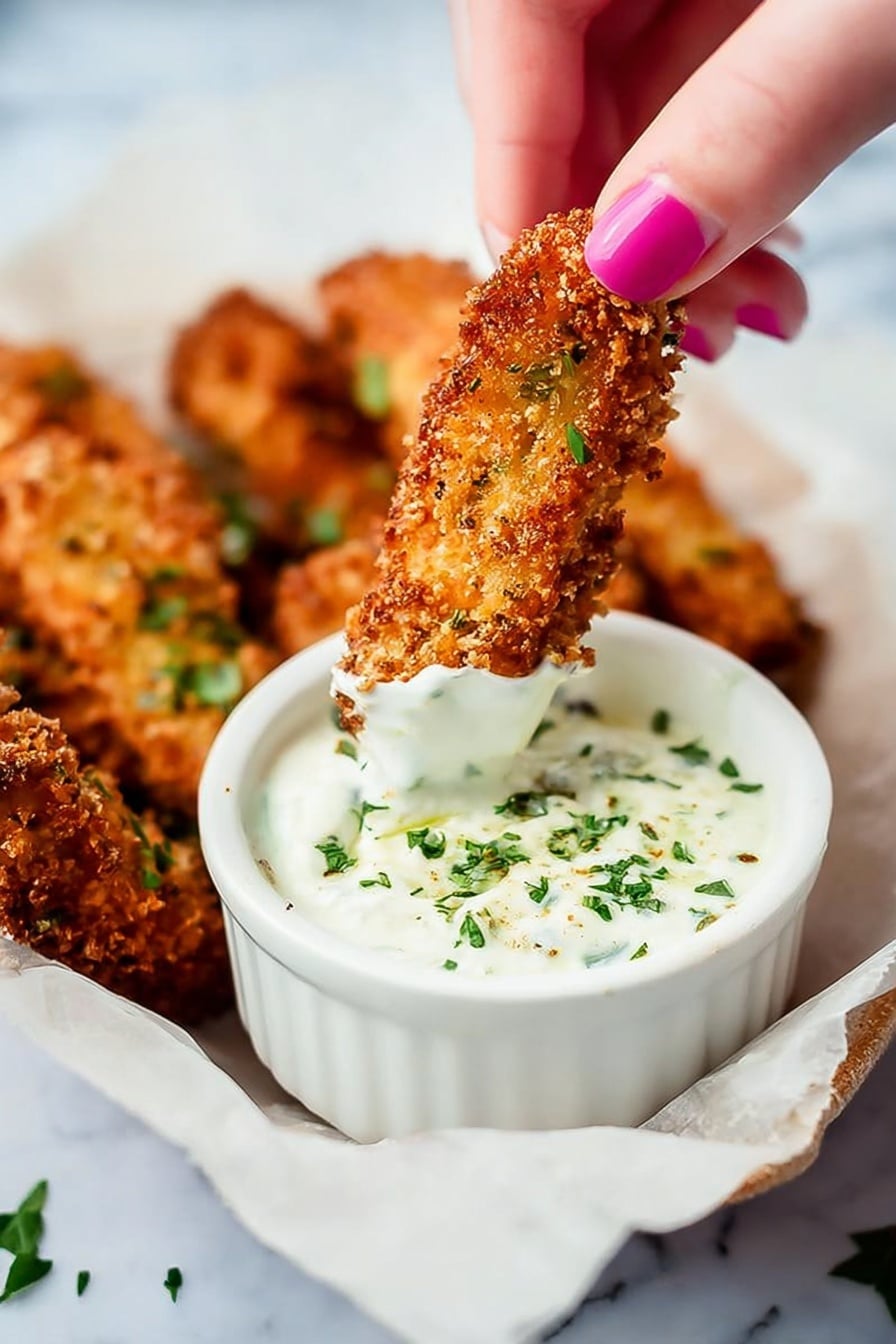 A woman's hand with pink nail polish is holding a golden-brown crispy finger-shaped food item that is being dipped into a small white bowl filled with a creamy white sauce, topped with green herbs sprinkled over it. The bowl sits on white parchment paper, and several more crispy finger-shaped items are placed blurred in the background on the same parchment paper. The setting has a soft focus with a white marbled texture in the background. Photo taken with an iphone --ar 2:3 --v 7 - Crispy Baked Pickle Fries with Dill Ranch, pickle fries, baked pickle snack, homemade pickle appetizer, crunchy pickle sticks with ranch
