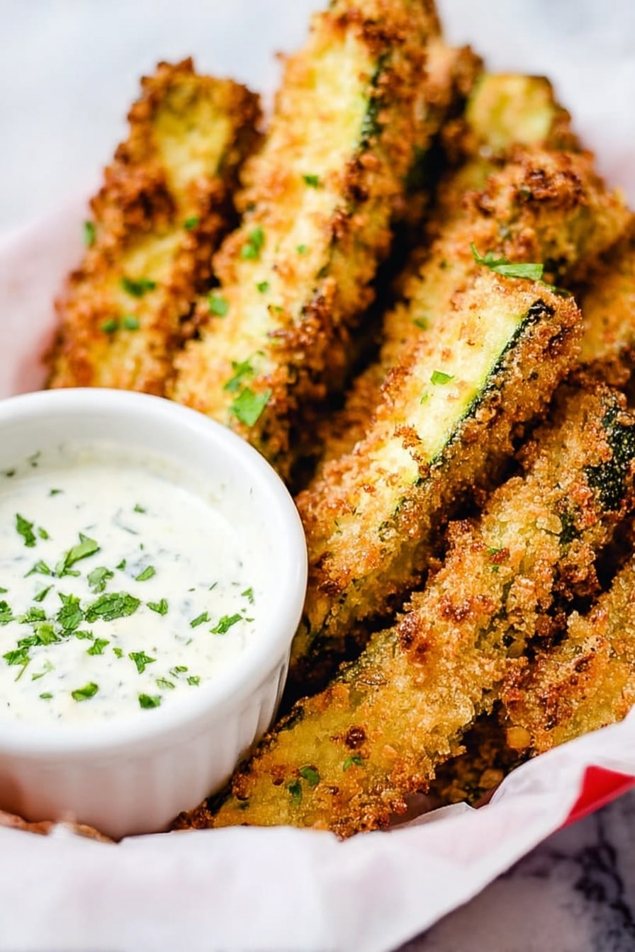 The image shows several golden brown breaded zucchini sticks arranged closely together in a white basket lined with white paper. The zucchini sticks have a crispy, crumbly texture with some green skin visible beneath the crust. Small green herb pieces are sprinkled on top of the zucchini sticks. Next to the basket, a white bowl filled with a creamy white dipping sauce, also topped with green herbs, is partially visible in the foreground. The background is a white marbled texture. Photo taken with an iphone --ar 2:3 --v 7 - Crispy Baked Pickle Fries with Dill Ranch, pickle fries, baked pickle snack, homemade pickle appetizer, crunchy pickle sticks with ranch