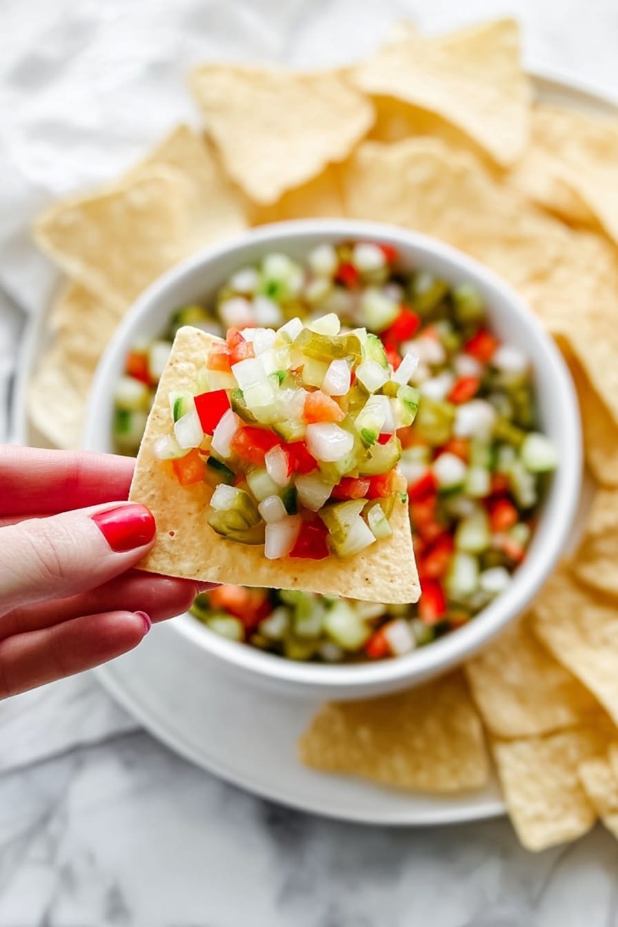 A clear glass bowl filled with finely chopped layers of vegetables, including bright red bell peppers, green pickles, and white onions, all cut into small cubes evenly mixed together. The bowl is placed on a white marbled surface, and a silver spoon rests inside the bowl on the right side. The mix of colors is vibrant, with the red, green, and white pieces spread throughout the bowl, creating a fresh and crisp look. photo taken with an iphone --ar 2:3 --v 7 - Pickle de Gallo, spicy pickle salsa, tangy salsa recipe, quick homemade salsa, versatile pickle salsa