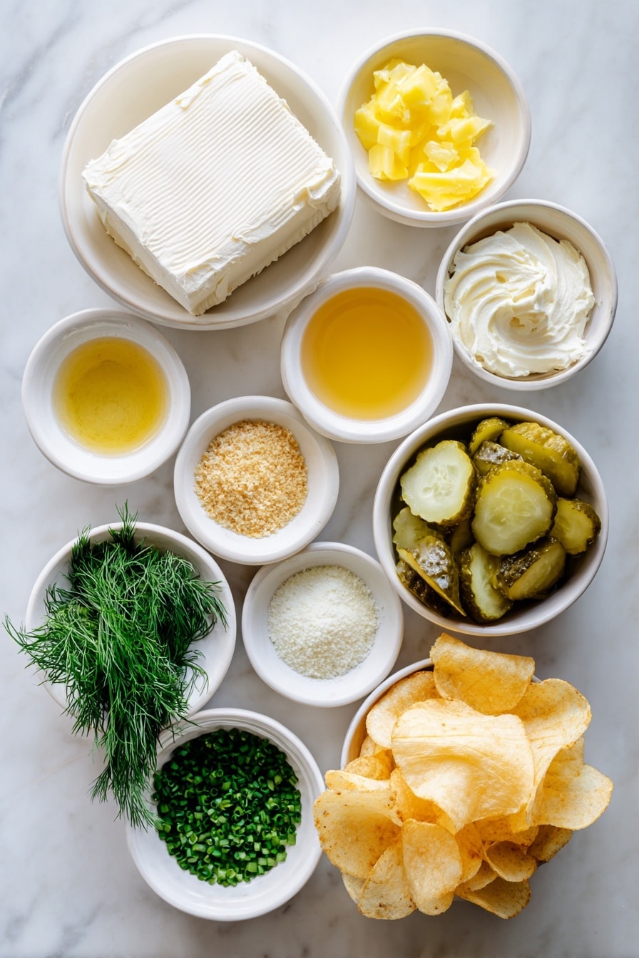 Flat lay of a block of softened cream cheese, a small white bowl of thick Greek yogurt, a small white bowl of golden melted butter, a small white bowl of golden panko breadcrumbs, a small white bowl of light yellowish Worcestershire sauce, a small white bowl of vibrant green chopped fresh dill, a small white bowl of finely chopped bright green chives, a small white bowl of pale yellow garlic powder, a small white bowl of translucent light green dill pickle juice, a small white bowl filled with chopped glossy green dill pickles, and a neat pile of golden crispy potato chips, all arranged symmetrically on a clean white ceramic surface, placed on a clean white marble surface, soft natural light, photo taken with an iPhone, professional food photography style, fresh ingredients, white ceramic bowls, no bottles, no duplicates, no utensils, no packaging --ar 2:3 --v 7 --p m7354615311229779997 - Ranch Fried Pickle Dip, fried pickle dip without frying, easy ranch pickle dip, tangy pickle dip recipe, game day dip with pickles