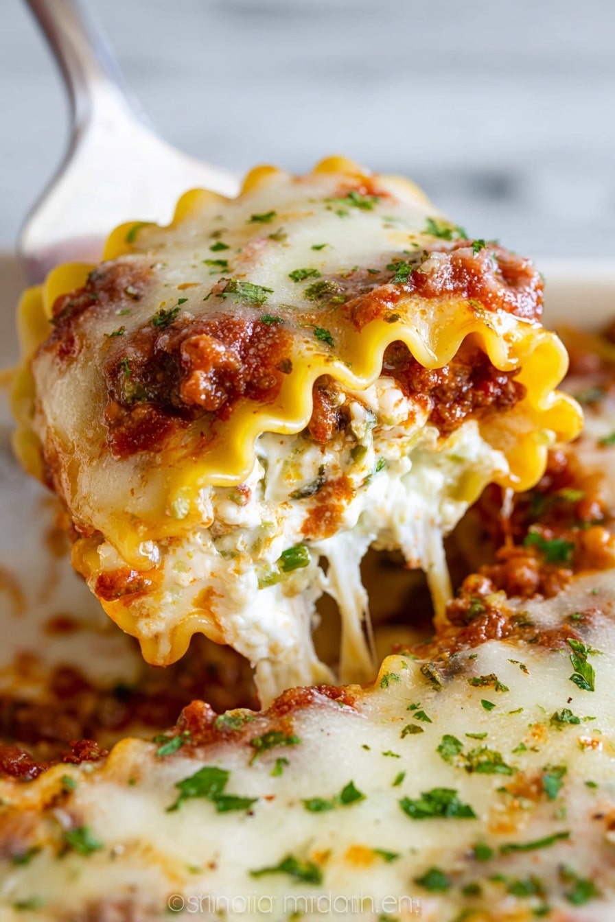 The image shows a close-up of a rolled lasagna with three visible layers: the outer pasta layer is yellow with wavy edges, the middle layer contains a red meat sauce with bits of ground meat and some melted cheese, and the inner layer has creamy white cheese mixed with small green herb pieces. The top is covered with a layer of melted white cheese that is slightly browned and bubbly, sprinkled lightly with green herbs. The lasagna is held by a white utensil, with a portion being lifted to show the stretchy melted cheese inside, all placed on a white marbled surface. photo taken with an iphone --ar 2:3 --v 7 - Cheesy Beef Lasagna Roll-Ups, beef lasagna roll-ups, cheesy lasagna roll-ups, easy lasagna roll-ups, baked beef lasagna roll-ups