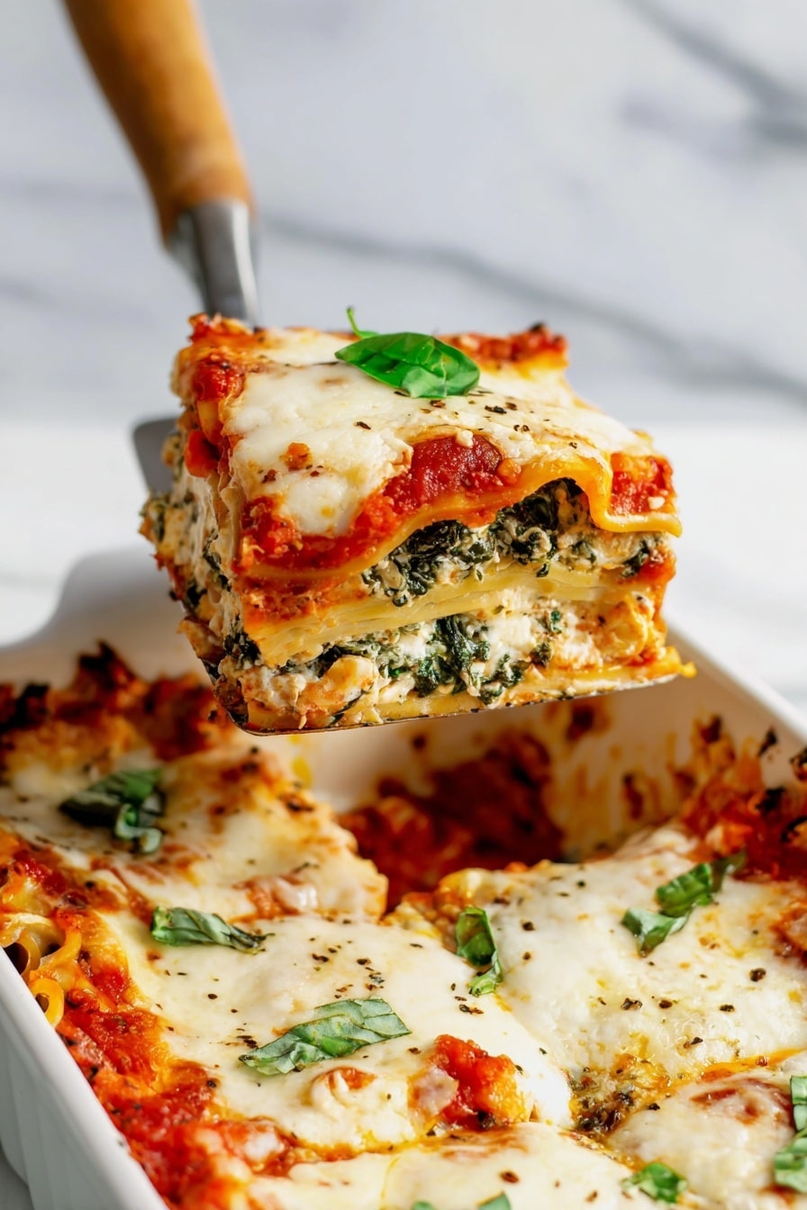 A square piece of lasagna on a white plate with a scalloped edge, showing about five visible layers: the bottom layer is a light creamy pasta sheet, followed by a thick layer of spinach mixed with white cheese, then another pasta sheet, a layer of red tomato sauce, and a top layer of melted cheese with a bubbly texture and a few fresh green basil leaves scattered on top. There is a silver fork resting partially under the lasagna on the right side of the plate, and the plate sits on a white marbled surface with part of a white baking dish visible in the background photo taken with an iphone --ar 2:3 --v 7 - Spinach Artichoke Lasagna, vegetarian lasagna with spinach and artichokes, creamy vegetable lasagna, healthy lasagna recipes, easy homemade lasagna
