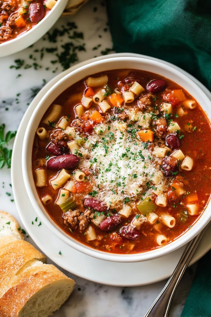 A white bowl filled with a thick red soup containing small tube pasta, red kidney beans, minced meat, and diced orange carrots and celery pieces. The soup is sprinkled with finely chopped fresh green herbs and a layer of grated white cheese on top. The bowl sits on a white plate with some green herb bits scattered around. Nearby are slices of a white baguette and a large silver spoon resting on the plate. The scene is set on a white marbled surface with a dark green cloth in the top right background. photo taken with an iphone --ar 2:3 --v 7 - Creamy Pasta e Fagioli Soup, Pasta e Fagioli soup, hearty vegetable and bean soup, creamy Italian soup, easy Pasta e Fagioli recipe