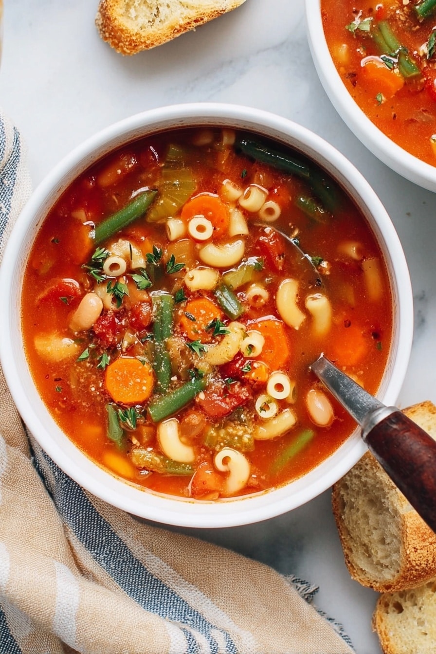 The image shows two white bowls filled with vegetable soup placed on a white marbled surface. Each bowl contains a bright red broth with visible layers of sliced orange carrots, green beans, small pasta rings, and white beans, with tiny green herbs sprinkled on top. A woman’s hand holds a spoon resting inside one of the bowls. Above the bowls, a large pot of the same soup is visible with a wooden spoon resting inside; the pot sits on the marbled surface next to a wooden board. On the board, there are two white garlic bulbs, a small wooden bowl with red chili flakes, another wooden bowl with chopped green herbs, and some sprigs of fresh parsley. Sliced white bread pieces are placed near the board, and a striped white and blue cloth lies casually next to the bowls. The photo taken with an iphone --ar 2:3 --v 7 - Easy Vegetarian Minestrone Soup, healthy vegetable soup, hearty vegetarian dinner, quick homemade minestrone, vegan friendly soup