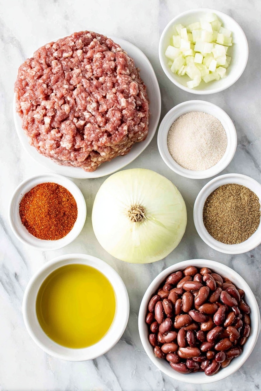 Flat lay of a small puddle of golden olive oil served in a simple white ceramic bowl, one whole small yellow onion with a few cubes diced next to it, a mound of fresh raw ground beef, three whole garlic bulbs, two small white ceramic bowls containing vibrant red chili powder and light brown cumin powder, two smaller white ceramic bowls with pale beige garlic powder and bright white salt crystals, a tiny pinch of bright red cayenne powder in a white ceramic bowl, a small white bowl holding vivid red diced fresh tomatoes, another white bowl with smooth bright red tomato paste, two separate white ceramic bowls filled with plump pinto beans and glossy dark red kidney beans, a small white bowl with clear golden honey, and a white bowl with rich brown beef broth, all ingredients arranged with perfect symmetry and realistic proportions, placed on a clean white marble surface, soft natural light, photo taken with an iPhone, professional food photography style, fresh ingredients, white ceramic bowls, no bottles, no duplicates, no utensils, no packaging --ar 2:3 --v 7 --p m7354615311229779997 - Easy Beef Chili, hearty beef chili, quick chili recipe, easy dinner ideas, beef chili dinner