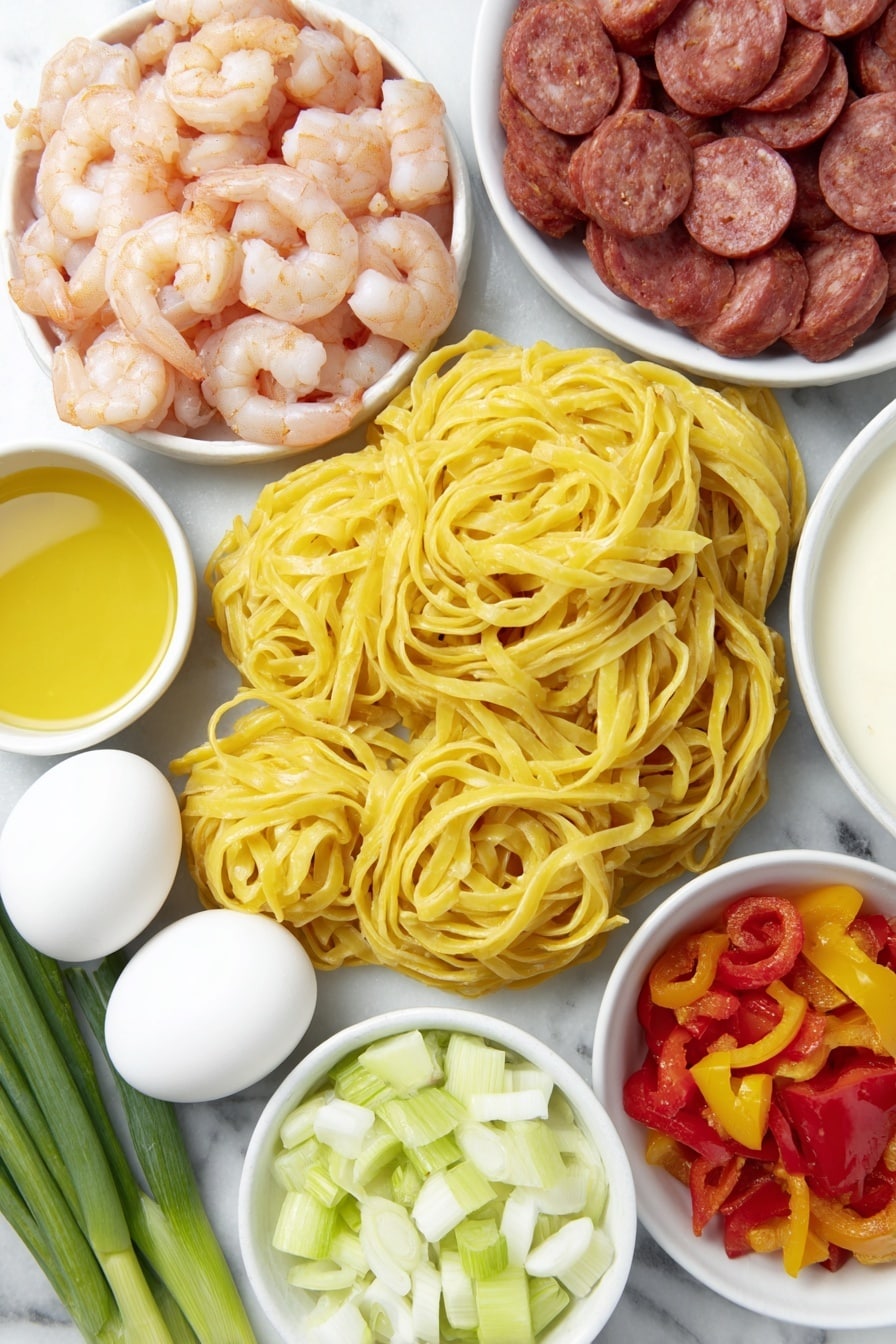 Flat lay of fresh linguine pasta nests, a pile of cleaned and deveined bright pink shrimp, thin slices of reddish-brown Andouille sausage, diced red and yellow bell peppers, diced white onion, diced celery stalks, a few whole green onions with vibrant green tops, a couple of whole brown eggs with clean shells, small white ceramic bowls containing golden olive oil, creamy heavy cream, deep reddish-brown Worcestershire sauce, and a light amber low sodium chicken stock, a small white bowl of reddish Cajun seasoning powder, all ingredients arranged symmetrically and balanced on a simple white ceramic plate, placed on a clean white marble surface, soft natural light, photo taken with an iPhone, professional food photography style, fresh ingredients, white ceramic bowls, no bottles, no duplicates, no utensils, no packaging --ar 2:3 --v 7 --p m7354615311229779997 - Cajun Shrimp and Sausage Pasta, Cajun pasta recipe, spicy shrimp pasta, easy Cajun pasta dish, Southern shrimp pasta