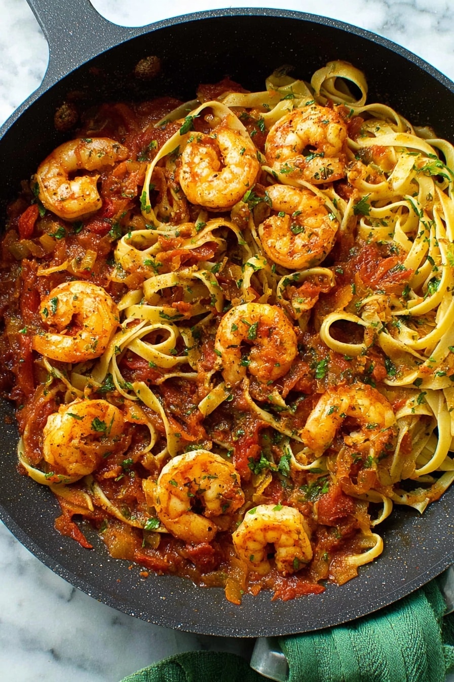 The image shows a white bowl filled with pasta and shrimp. The pasta is light yellow and soft-looking, with a few pieces twisted and layered all over. On top, there are five shrimp, cooked to a golden orange color with a slightly crispy texture. Small pieces of red tomato and green herbs are mixed in among the pasta, adding bright color spots. A silver fork is placed inside the bowl, with its handle pointing outwards. The bowl sits on a white marbled surface with small red chili flakes scattered around. Photo taken with an iphone --ar 2:3 --v 7 - Spicy Shrimp Fra Diavolo, spicy shrimp pasta, Italian seafood recipe, quick shrimp dinner, fiery tomato shrimp