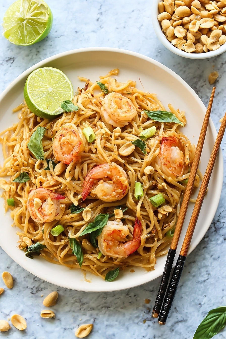 A white plate sits on a white marbled surface, filled with a mix of light beige noodles and bright pink cooked shrimp that have a slightly shiny texture. Scattered throughout the noodles are fresh green leaves and green onion pieces, adding vibrant splashes of color. On one side of the plate, a wedge of lime with a bright green skin and juicy, pale green inside leans against the noodles. Light brown crushed nuts are sprinkled over the dish, adding texture. Brown chopsticks with black tips rest across the right side of the plate. Nearby, a small white bowl holds more whole peanuts. A few lime wedges and green leaves are placed on the white marbled surface, enhancing the fresh look of the scene. Photo taken with an iphone --ar 2:3 --v 7 - Easy Shrimp Pad Thai, quick Thai shrimp stir-fry, authentic shrimp pad thai, homemade pad thai with shrimp, flavorful Thai noodle dishes