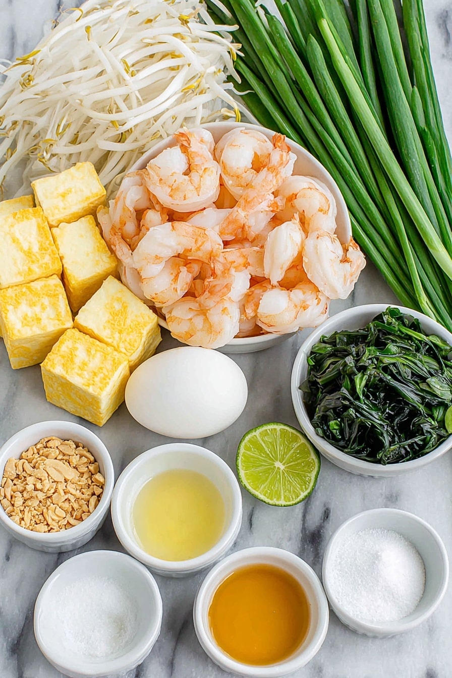 Flat lay of fresh medium-width rice noodles arranged in gentle folds, a small white ceramic bowl of dark tamarind concentrate, a small white bowl filled with light golden palm sugar crystals, a small white bowl containing moist brown sugar, a small white bowl with clear fish sauce, a small white bowl of water, thinly sliced raw chicken breast pieces neatly fanned out, a small white bowl of oyster sauce, several whole garlic cloves with papery skins intact, two whole shallots with purplish skin, four whole brown eggs with clean shells, firm white tofu cubes stacked neatly, fresh green onions cut into 2-inch pieces arranged in a bundle, a small pile of crisp fresh bean sprouts, a small white bowl with chopped bright orange preserved radish, a small white bowl of crushed peanuts, fresh lime wedges showing vibrant green skin and juicy interior, and a small white bowl with dried Thai red chili flakes — all placed on a clean white marble surface, soft natural light, photo taken with an iPhone, professional food photography style, fresh ingredients, white ceramic bowls, no bottles, no duplicates, no utensils, no packaging --ar 2:3 --v 7 --p m7354615311229779997 - Chicken Pad Thai, Thai Chicken Stir Fry, Homemade Pad Thai, Authentic Thai Chicken Noodles, Easy Thai Pad Thai