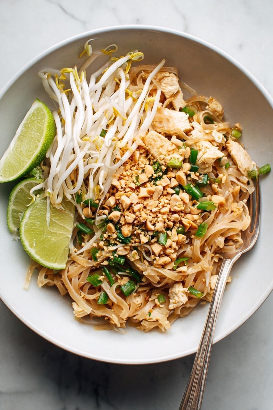 In a black cast iron pan filled with steaming noodle dish, there is one main layer of light brown flat noodles mixed with small pieces of cooked light brown chicken. On top of the noodles, there are scattered thin green strips of green onion and white bean sprouts with yellow tips. The noodles and toppings have a slightly shiny texture, showing they are freshly cooked. The pan is placed on a white marbled surface with soft natural light coming from the side, casting gentle shadows around. Photo taken with an iphone --ar 2:3 --v 7 - Chicken Pad Thai, Thai Chicken Stir Fry, Homemade Pad Thai, Authentic Thai Chicken Noodles, Easy Thai Pad Thai