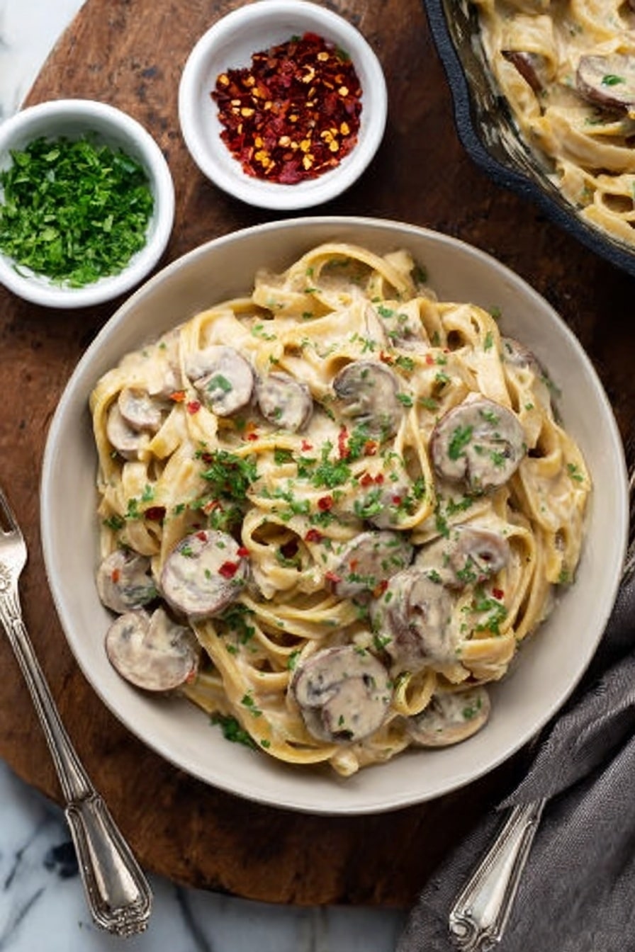 The image shows a close-up of a black round pan filled with creamy pasta. The pasta is flat and long, covered in a light beige creamy sauce. Scattered throughout the dish are round slices of browned sausage, slightly pinkish inside with a crispy outer edge. Small green herbs are sprinkled on top, adding color and freshness. A silver fork is partially buried in the pasta at the lower right side of the pan. The pan is placed on a white marbled surface. Photo taken with an iphone --ar 2:3 --v 7 - Smoked Sausage Cajun Alfredo, Cajun sausage pasta, spicy smoked sausage recipe, creamy Cajun Alfredo, quick Cajun pasta dinner