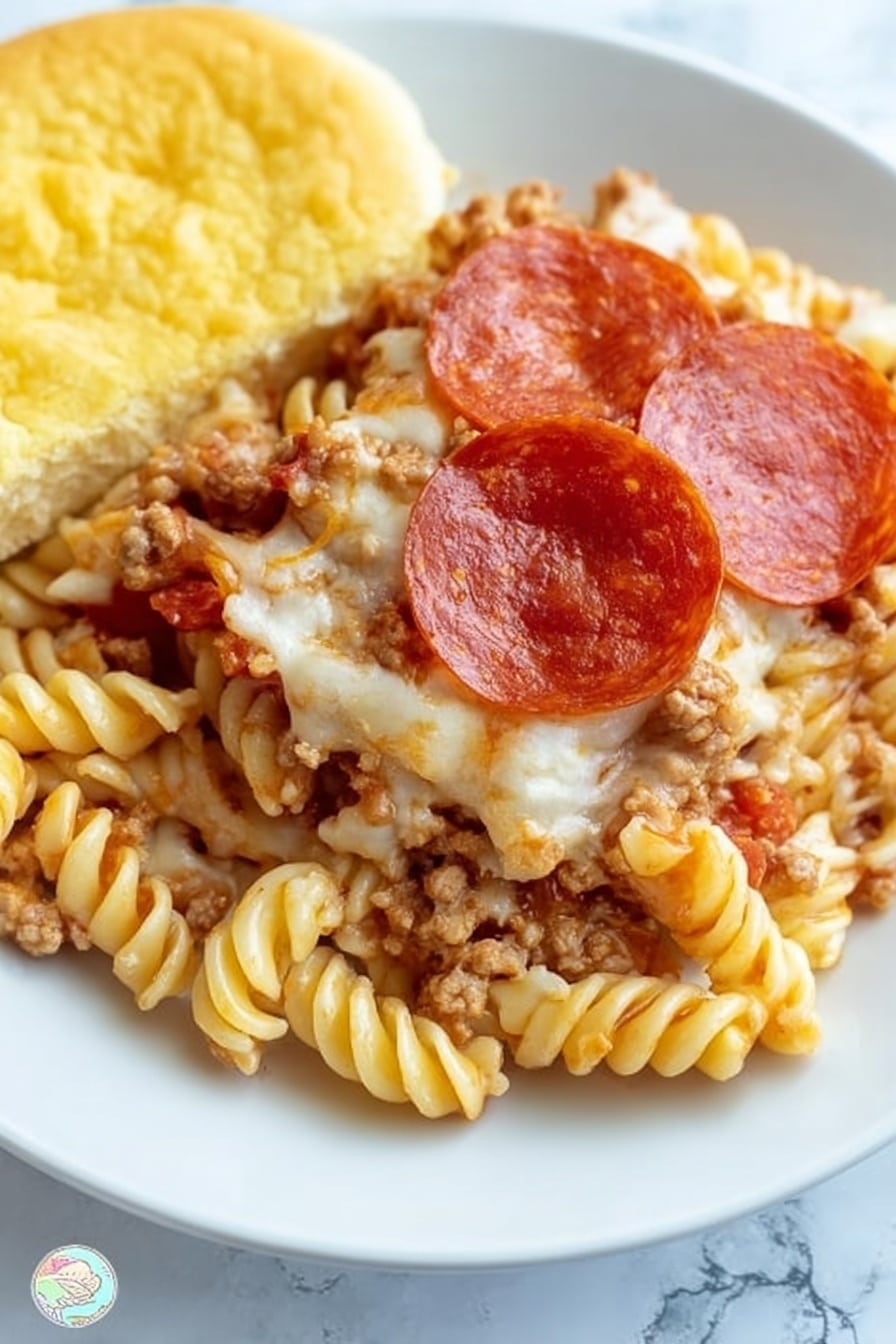 A white square dish filled with a baked pasta casserole. The bottom layer consists of rotini pasta mixed with a brown meat sauce, visible through patches of melted white cheese on top. The top layer is covered with evenly spaced, round, red pepperoni slices that have a shiny, slightly oily texture. The dish sits on a white marbled surface, with a bunch of fresh green parsley blurred in the background. Photo taken with an iphone --ar 2:3 --v 7 - Cheesy Baked Pizza Pasta, easy pizza pasta bake, cheesy pasta recipes, pizza pasta dinner, comfort food recipes