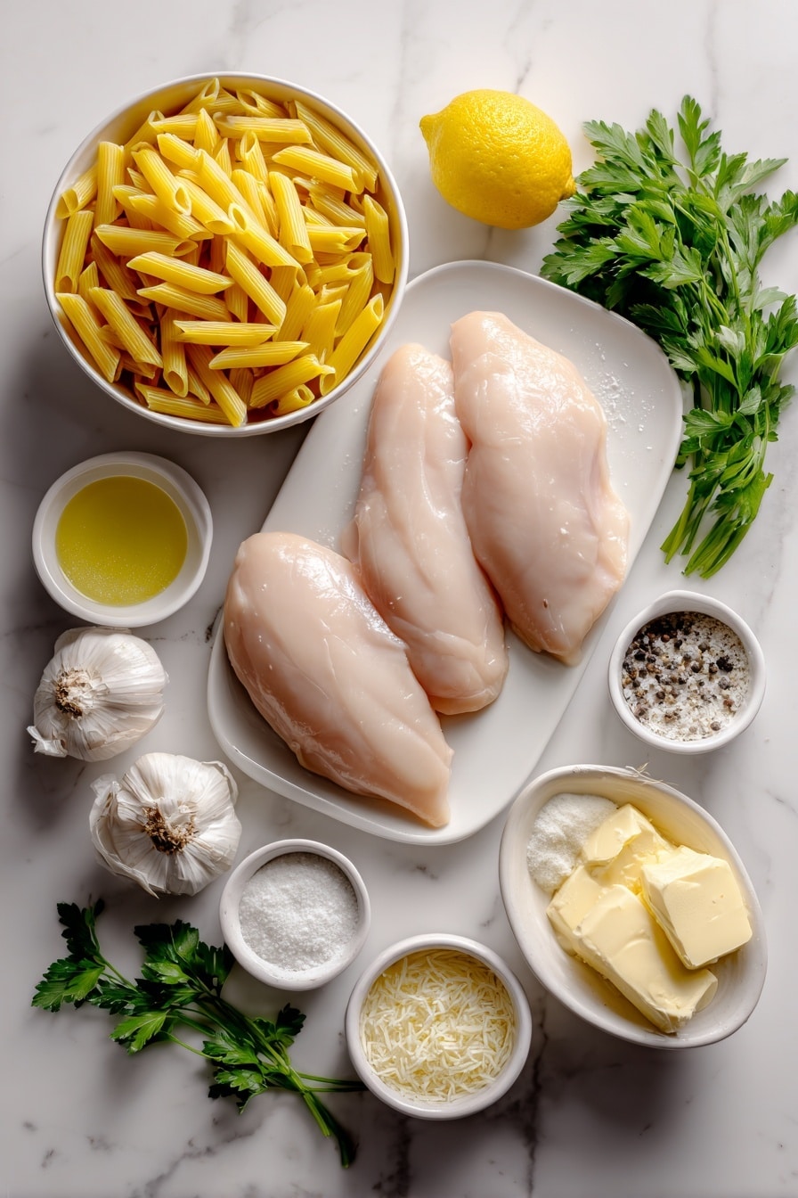 Flat lay of dried farfalle pasta, two whole chicken breasts, small white bowl of olive oil, three whole garlic cloves, small white bowl of heavy cream, small white bowl of freshly squeezed lemon juice, small white bowl of grated parmesan cheese, small white bowl of butter, fresh sprigs of chopped parsley, fresh lemon with visible zest, salt and pepper in small white bowls, placed on a clean white marble surface, soft natural light, photo taken with an iPhone, professional food photography style, fresh ingredients, white ceramic bowls, no bottles, no duplicates, no utensils, no packaging --ar 2:3 --v 7 --p m7354615311229779997 - Creamy Lemon Chicken Pasta, lemon chicken pasta, creamy pasta recipes, quick chicken pasta, lemon chicken dinner