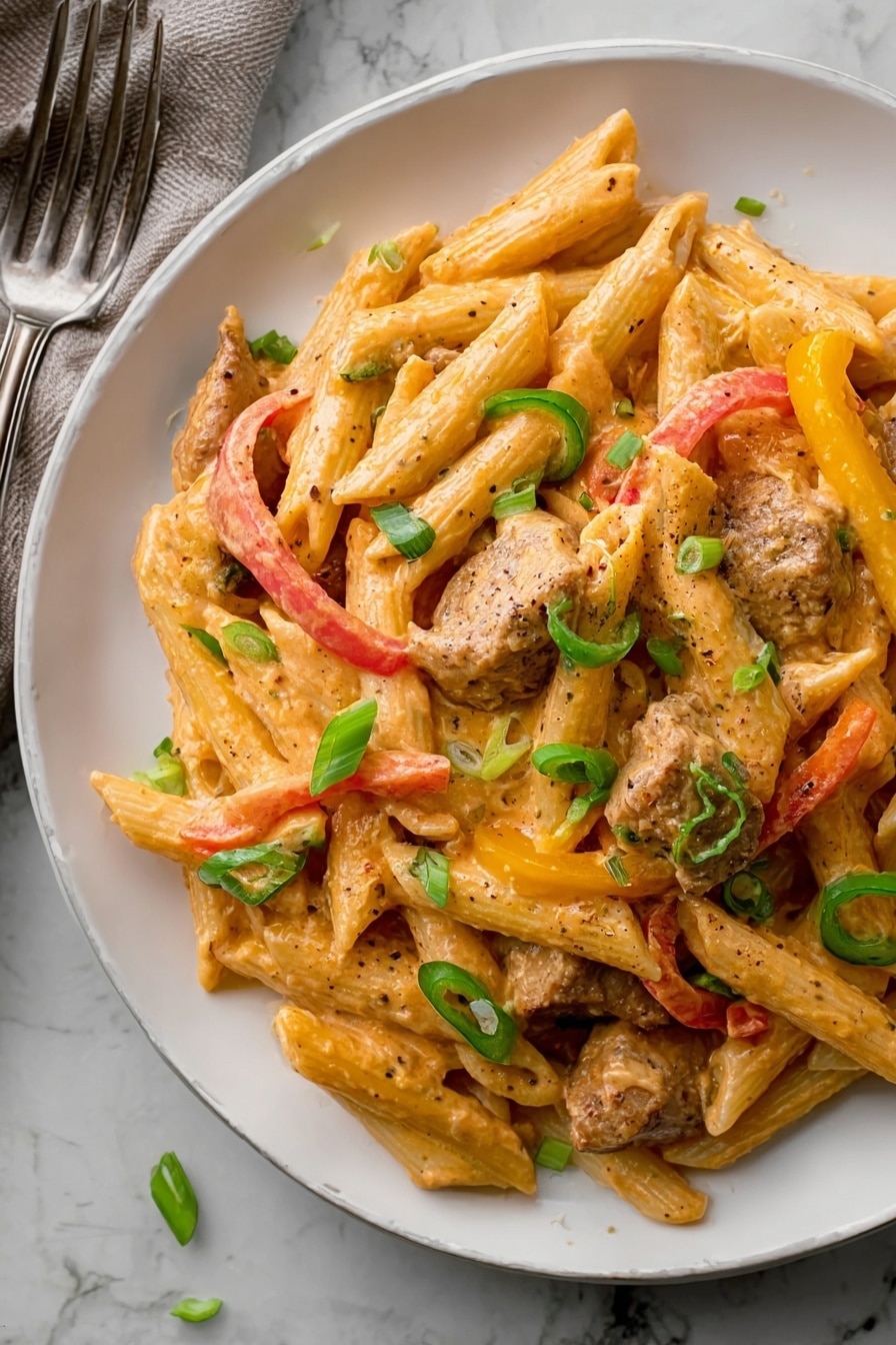 A white plate filled with penne pasta covered in a creamy orange sauce with visible black pepper specks. Among the pasta are chunks of cooked meat with a light brown color and a slightly textured surface. Thin red and yellow bell pepper strips are layered throughout, adding bright color contrasts. Sliced green chili rounds and chopped green onions are scattered on top, giving fresh green highlights. The plate rests on a white marbled surface with a silver fork placed nearby. Photo taken with an iphone --ar 2:3 --v 7 - Spicy Buffalo Chicken Pasta, Buffalo Chicken Pasta, Spicy Pasta Recipes, Easy Chicken Pasta, Hot Sauce Pasta