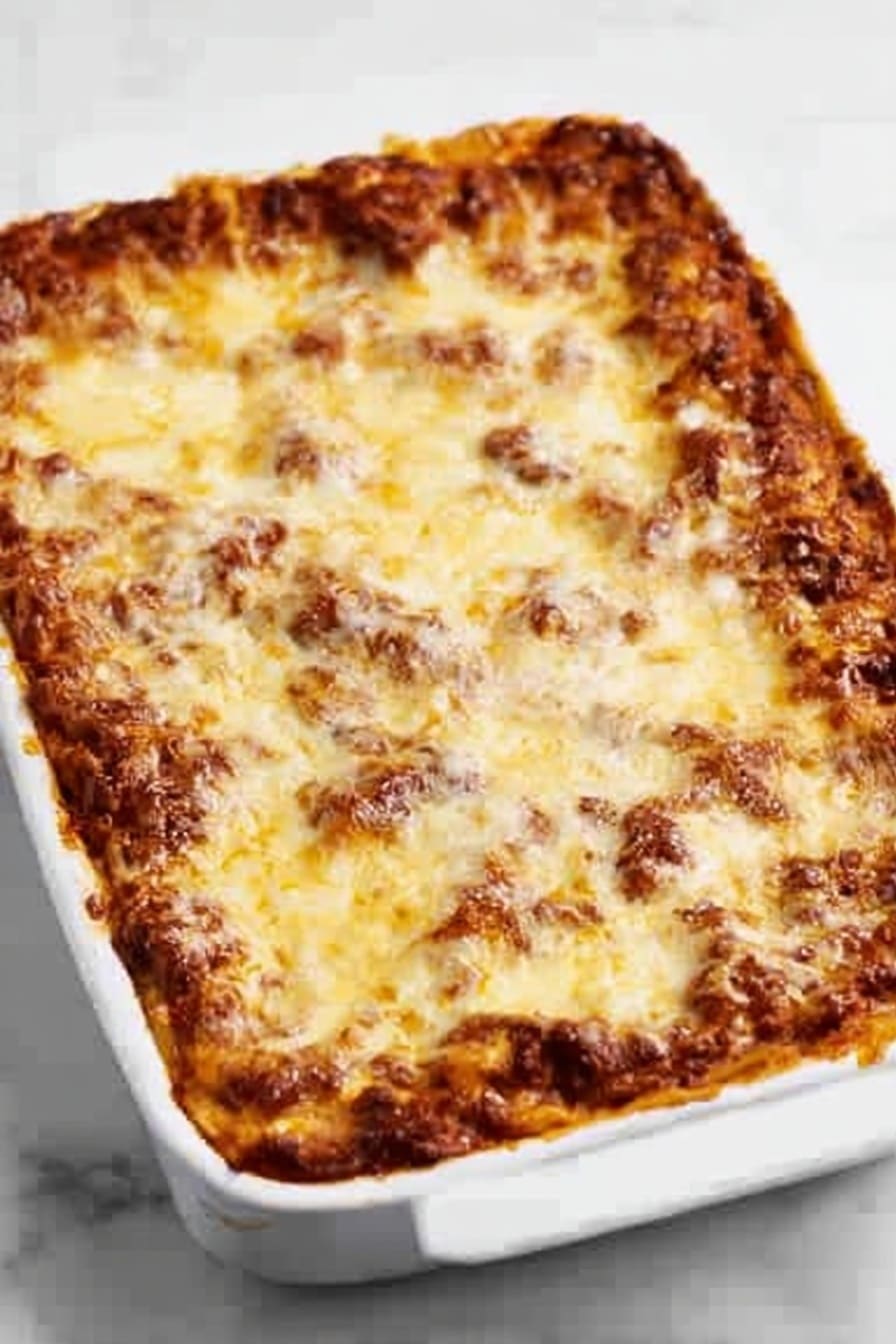The image shows a white rectangular baking dish filled with a baked lasagna. The top layer is covered in melted cheese that is golden brown and slightly crispy in some spots. Underneath the cheese, a rich tomato meat sauce is visible around the edges where the cheese has bubbled and spread. The lasagna is thick with several layers of pasta, sauce, and cheese stacked closely together. The dish sits on a white marbled surface, creating a clean and simple background. Photo taken with an iphone --ar 2:3 --v 7 - Creamy Cheesy Million Dollar Spaghetti, cheesy baked spaghetti, easy casserole recipes, hearty comfort food dinner, family-friendly spaghetti bake